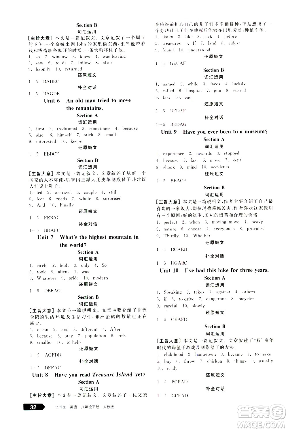 陽光出版社2021練就優(yōu)等生英語江西特色題型專練八年級下冊新課標(biāo)RJ人教版答案