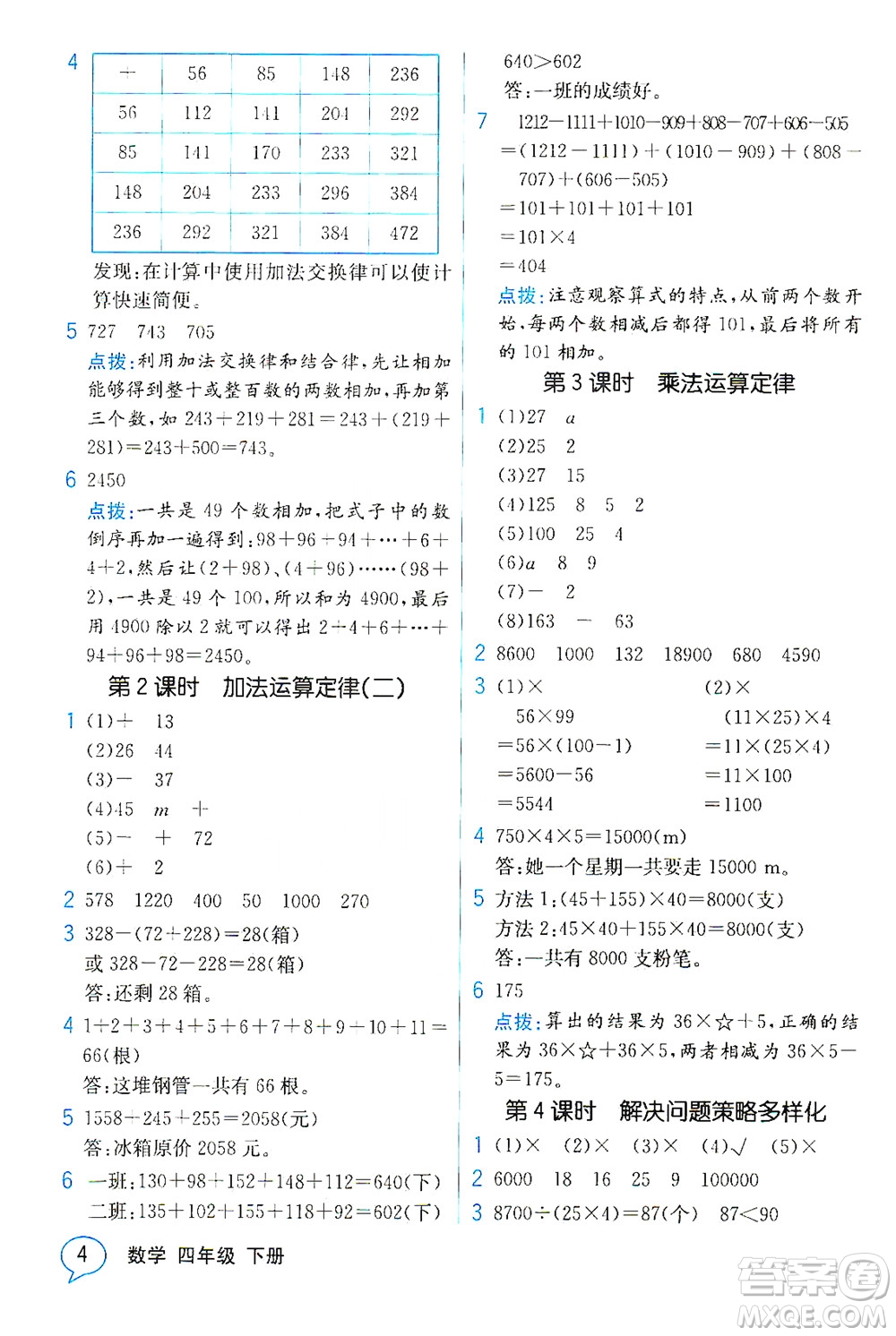 人民教育出版社2021教材解讀數(shù)學(xué)四年級下冊人教版答案