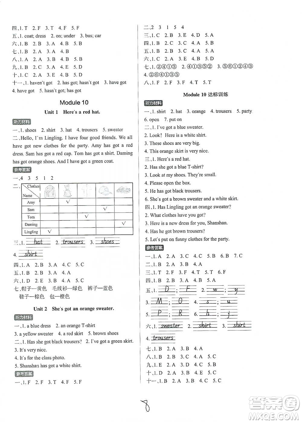 陜西師范大學出版社2021PASS小學學霸作業(yè)本英語三年級下冊WY版參考答案