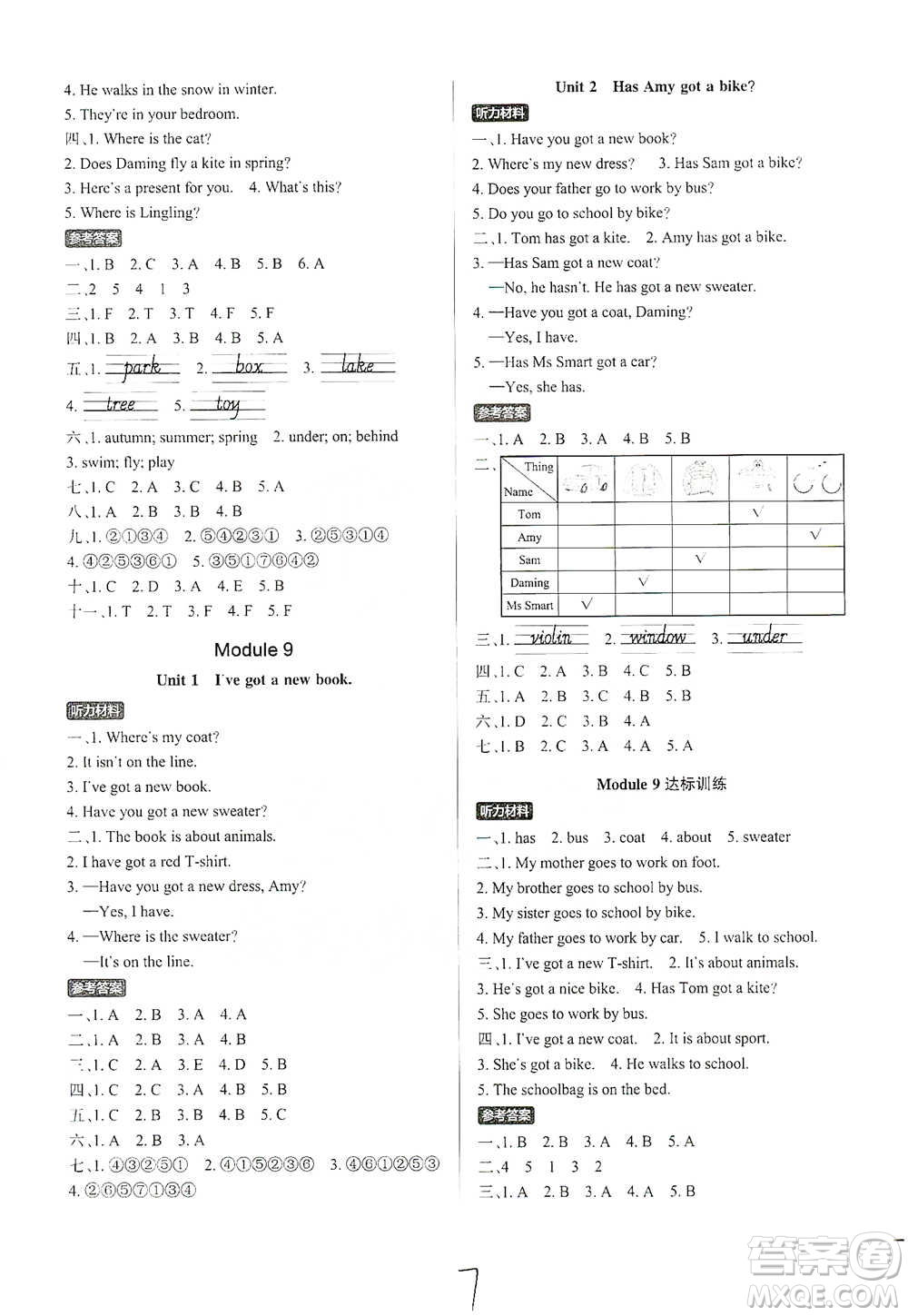 陜西師范大學出版社2021PASS小學學霸作業(yè)本英語三年級下冊WY版參考答案