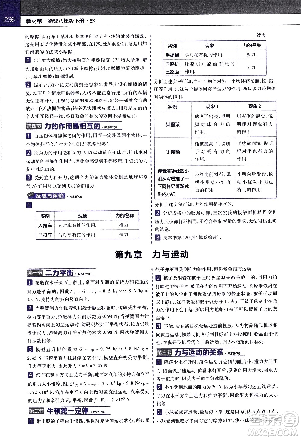 南京師范大學(xué)出版社2021教材幫初中物理八年級(jí)下冊(cè)SK蘇科版答案