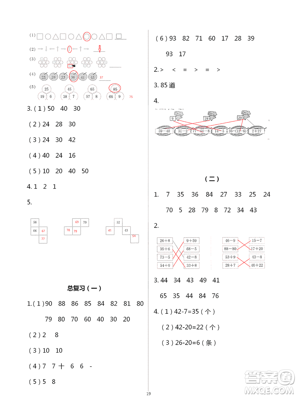 浙江教育出版社2021數(shù)學(xué)課堂作業(yè)本一年級(jí)下冊(cè)人教版參考答案