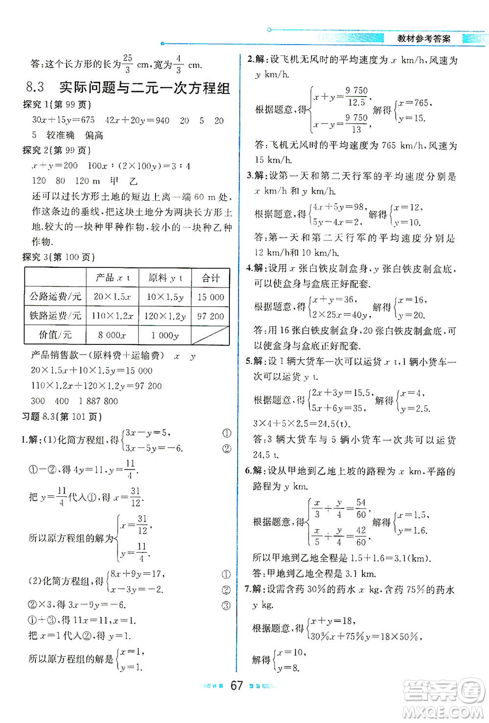 人民教育出版社2021教材解讀數(shù)學七年級下冊人教版答案