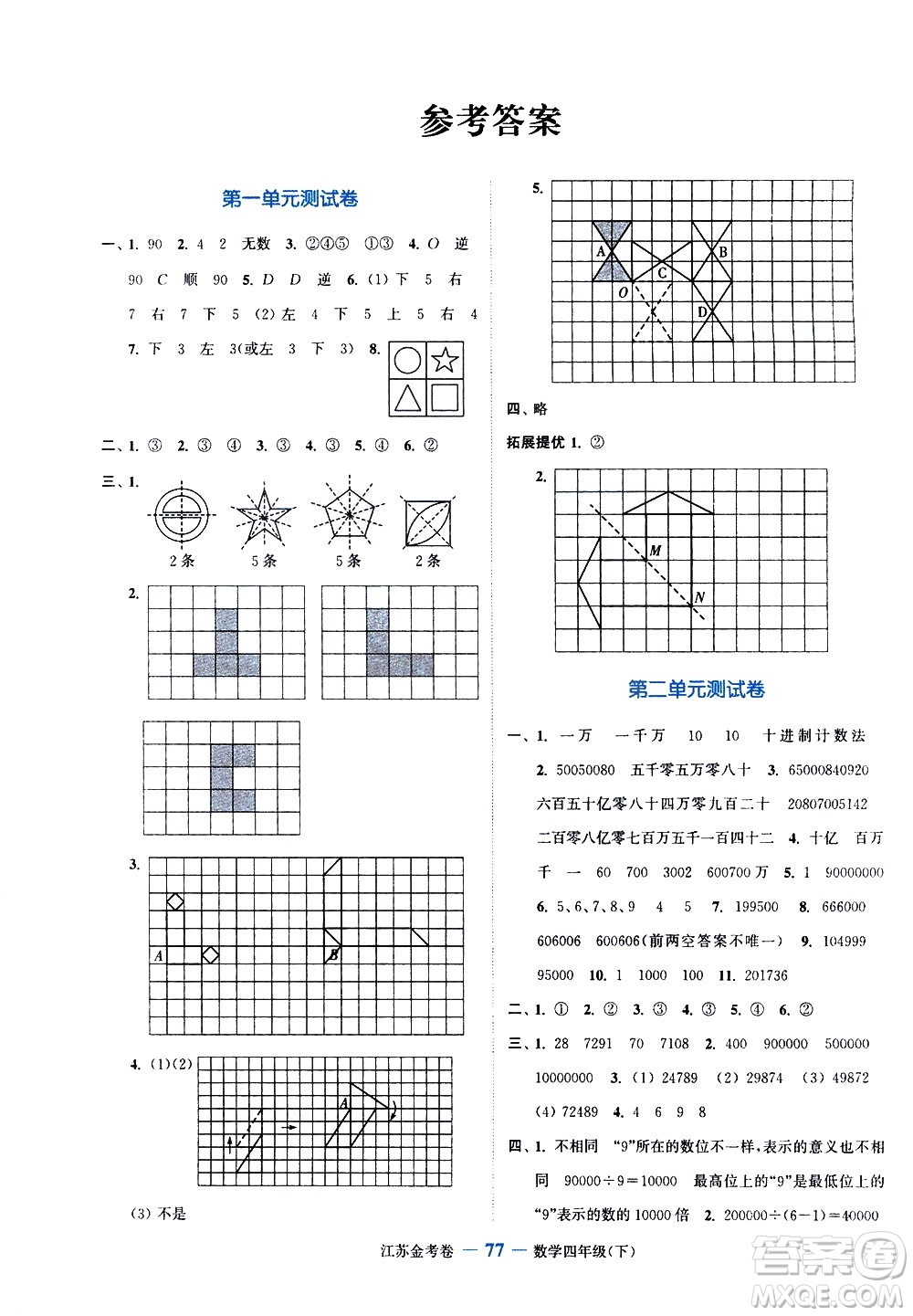 北方婦女兒童出版社2021江蘇金考卷數(shù)學四年級下冊江蘇版答案