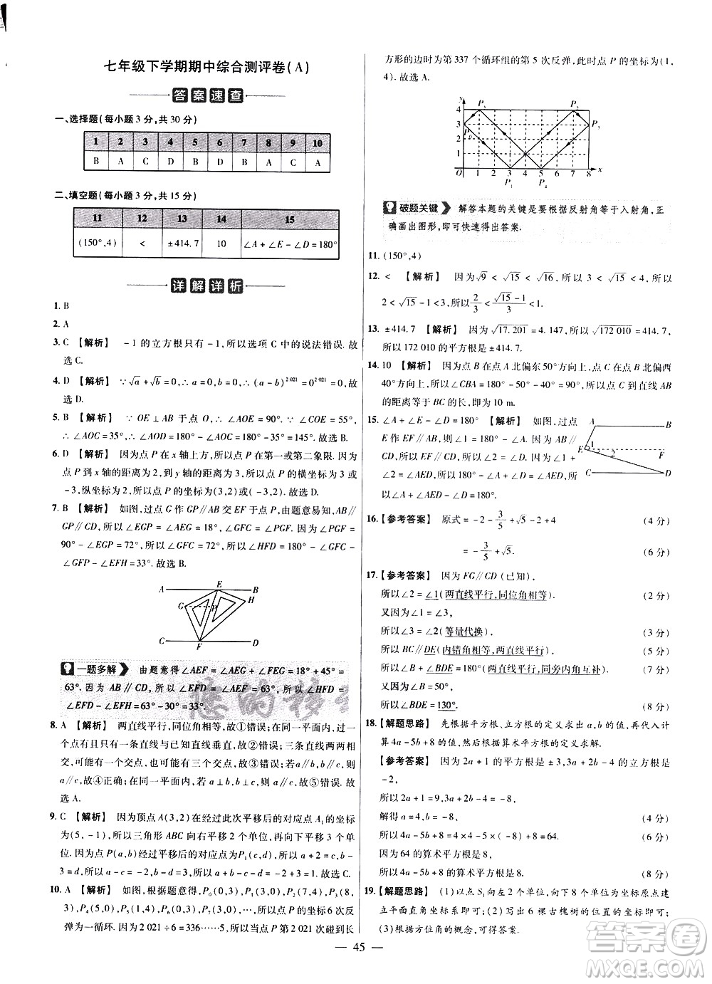 延邊教育出版社2021版金考卷活頁題選名師名題單元雙測卷數學七年級下冊RJ人教版答案