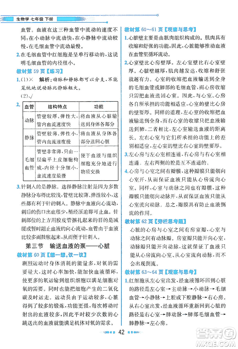 人民教育出版社2021教材解讀生物學七年級下冊人教版答案