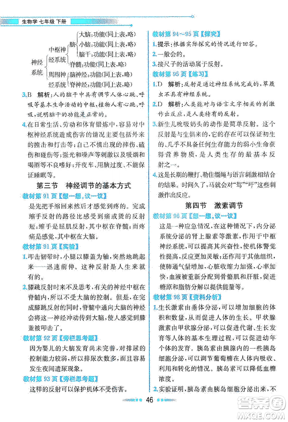 人民教育出版社2021教材解讀生物學七年級下冊人教版答案