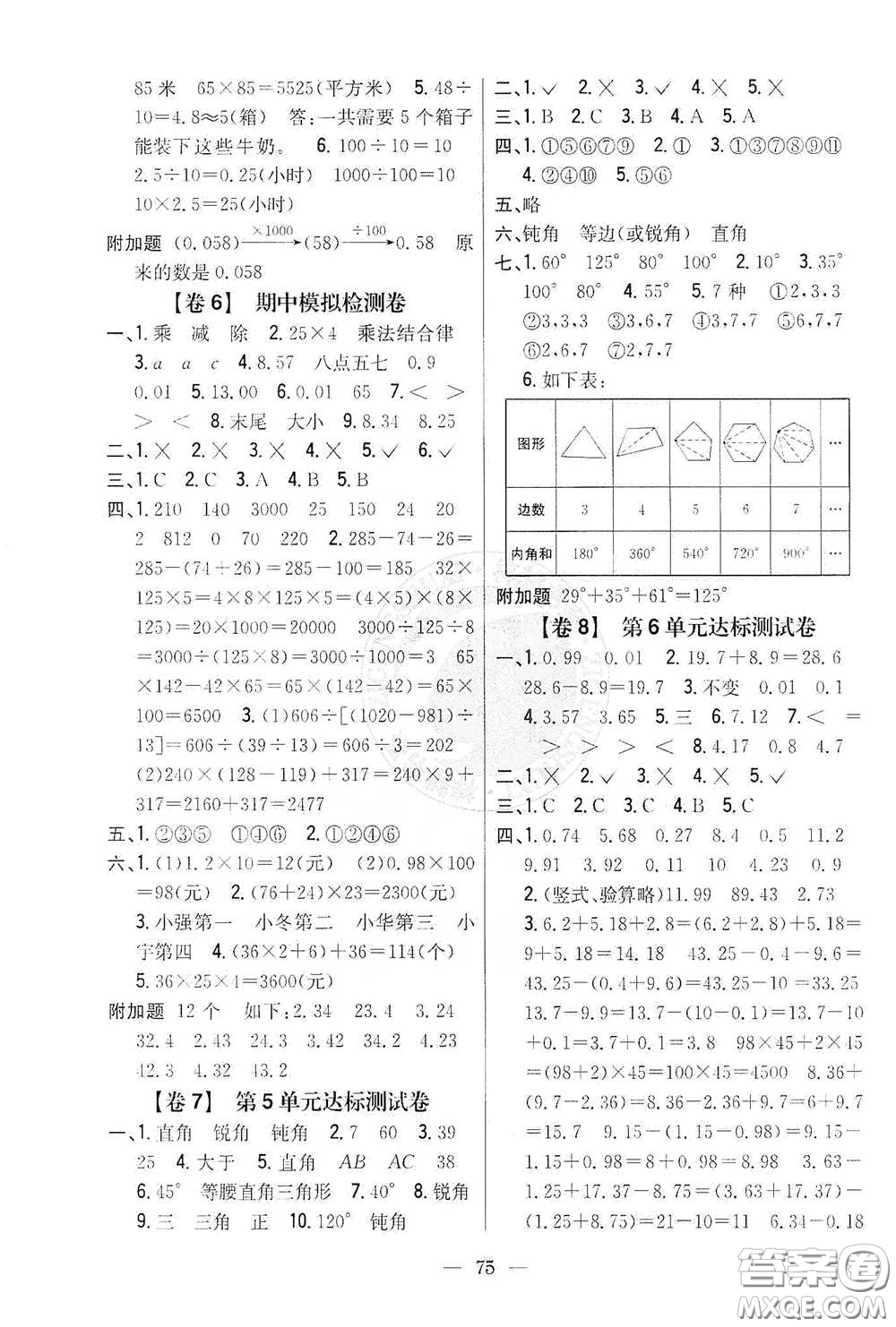 吉林人民出版社2021小學(xué)教材完全考卷四年級(jí)數(shù)學(xué)下冊(cè)新課標(biāo)人教版答案