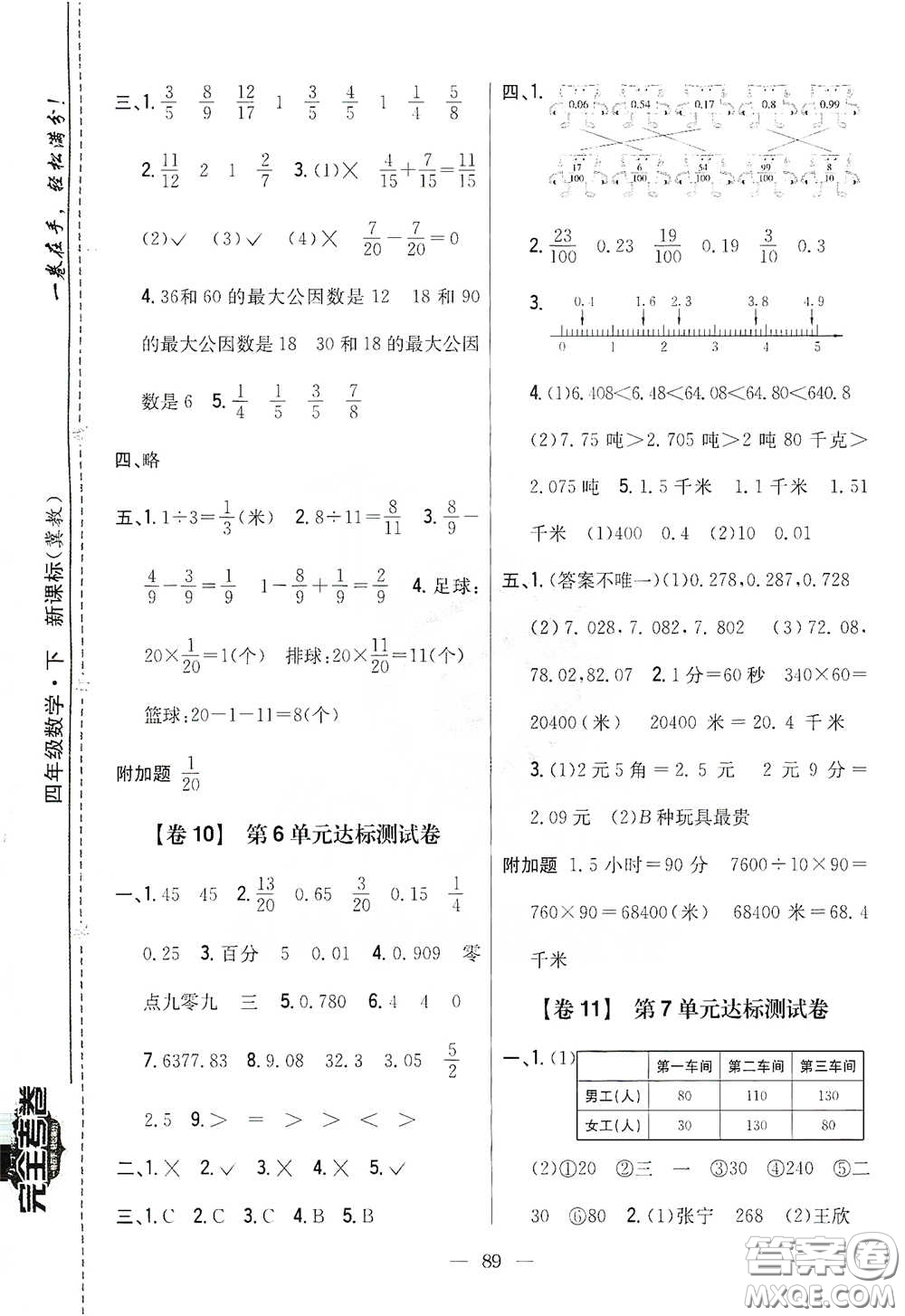 吉林人民出版社2021小學(xué)教材完全考卷四年級數(shù)學(xué)下冊新課標(biāo)冀教版答案