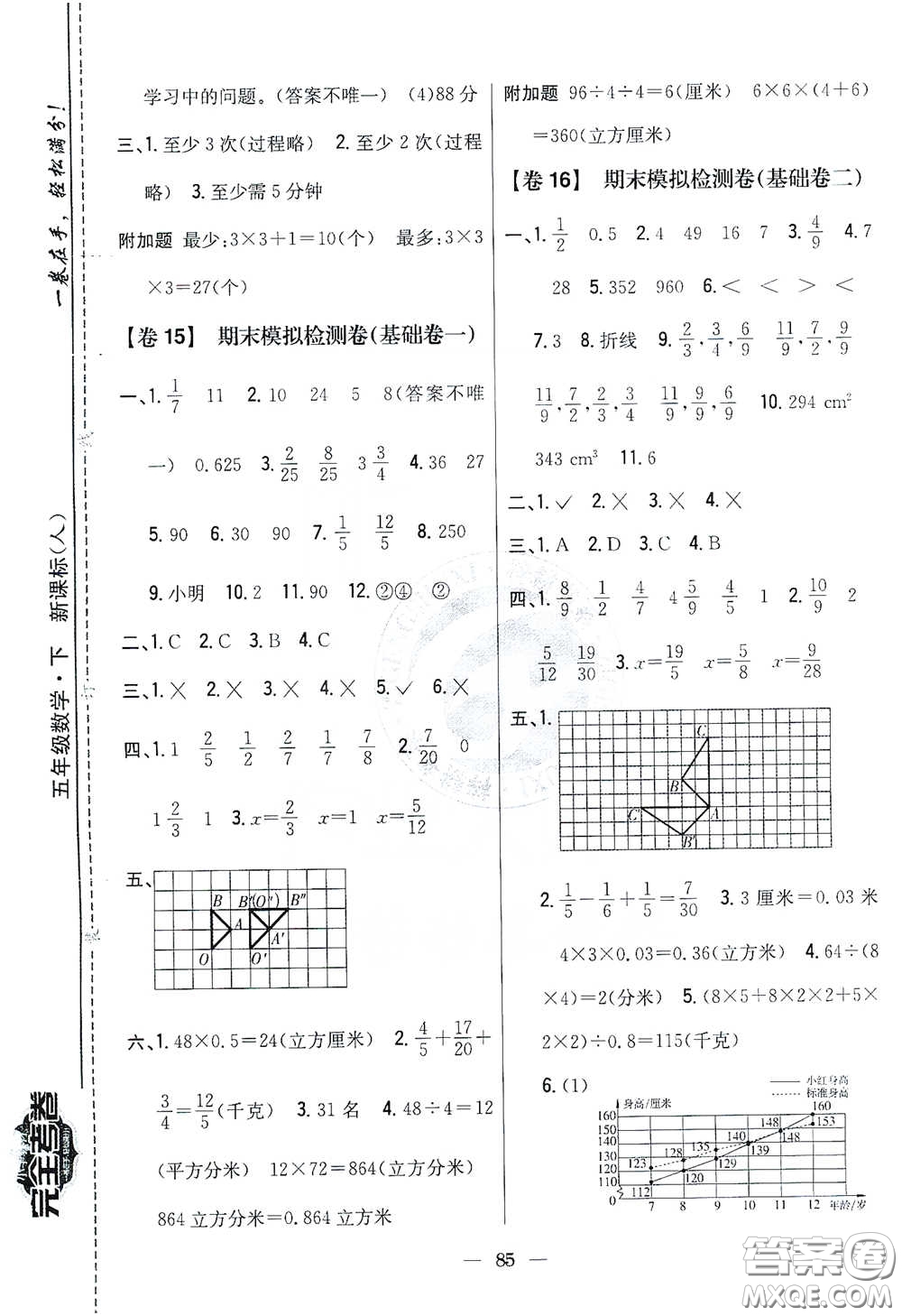 吉林人民出版社2021小學教材完全考卷五年級數(shù)學下冊新課標人教版答案