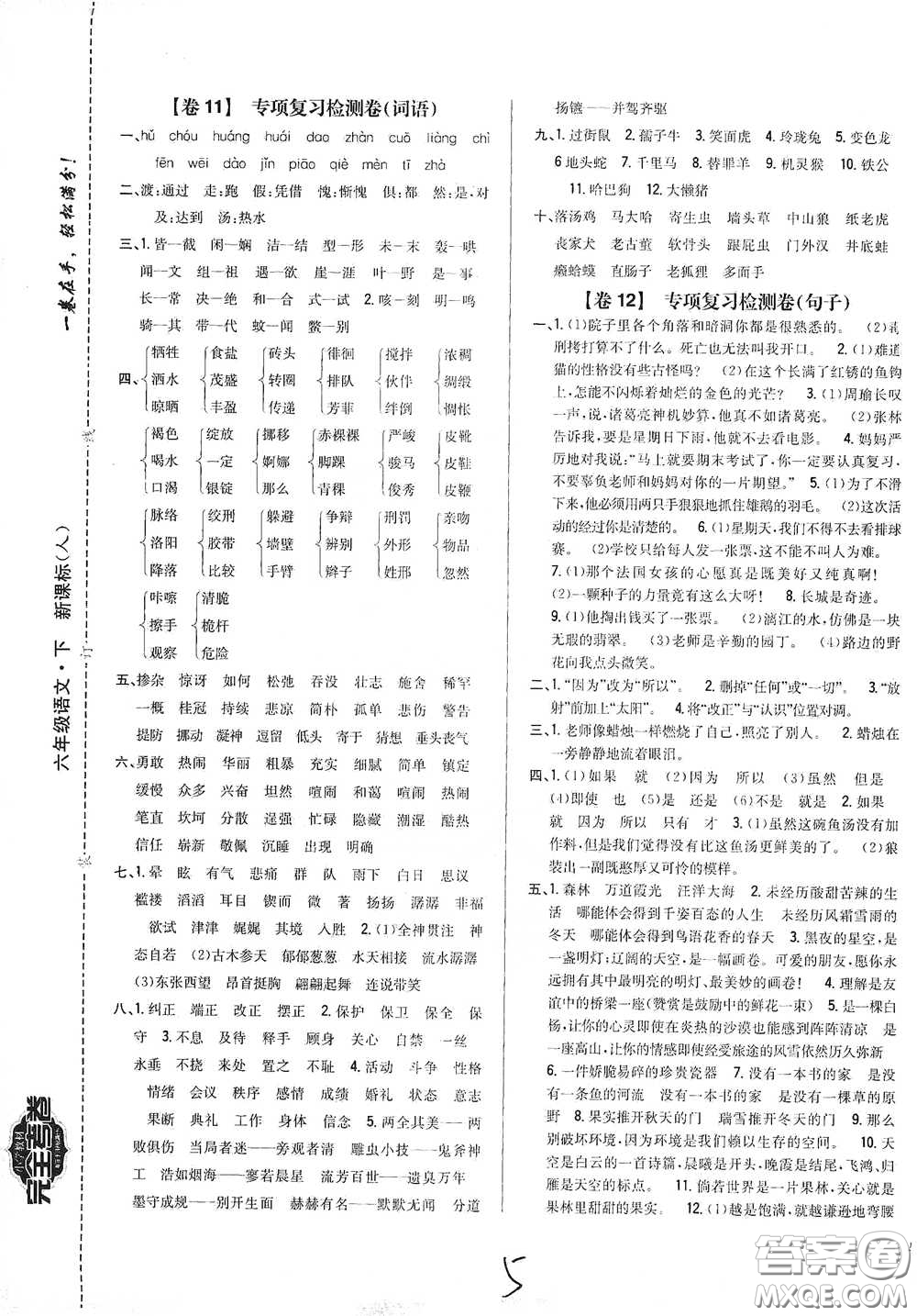 2021云南重點小學名師名題小學教材完全考卷六年級語文下冊新課標人教版云南專版滇峰專用答案