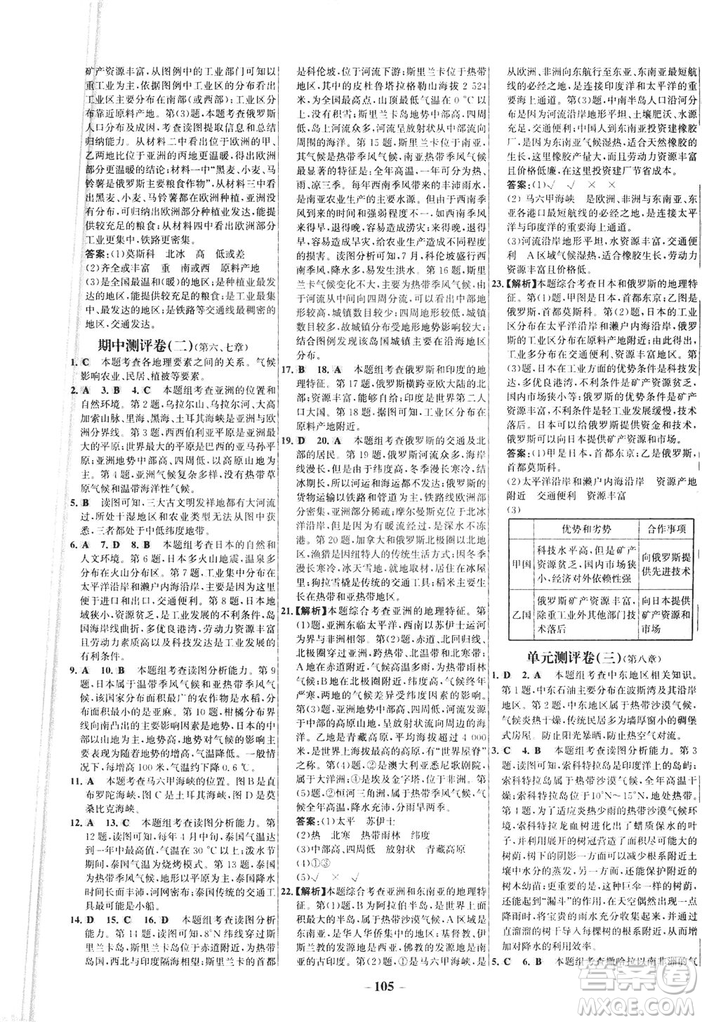 安徽師范大學(xué)出版社2021世紀(jì)金榜百練百勝地理七年級下冊人教版答案