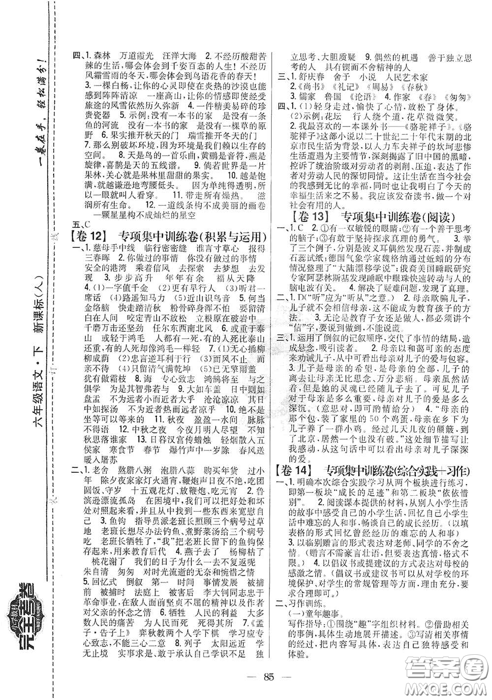 吉林人民出版社2021小學教材完全考卷六年級語文下冊新課標人教版答案