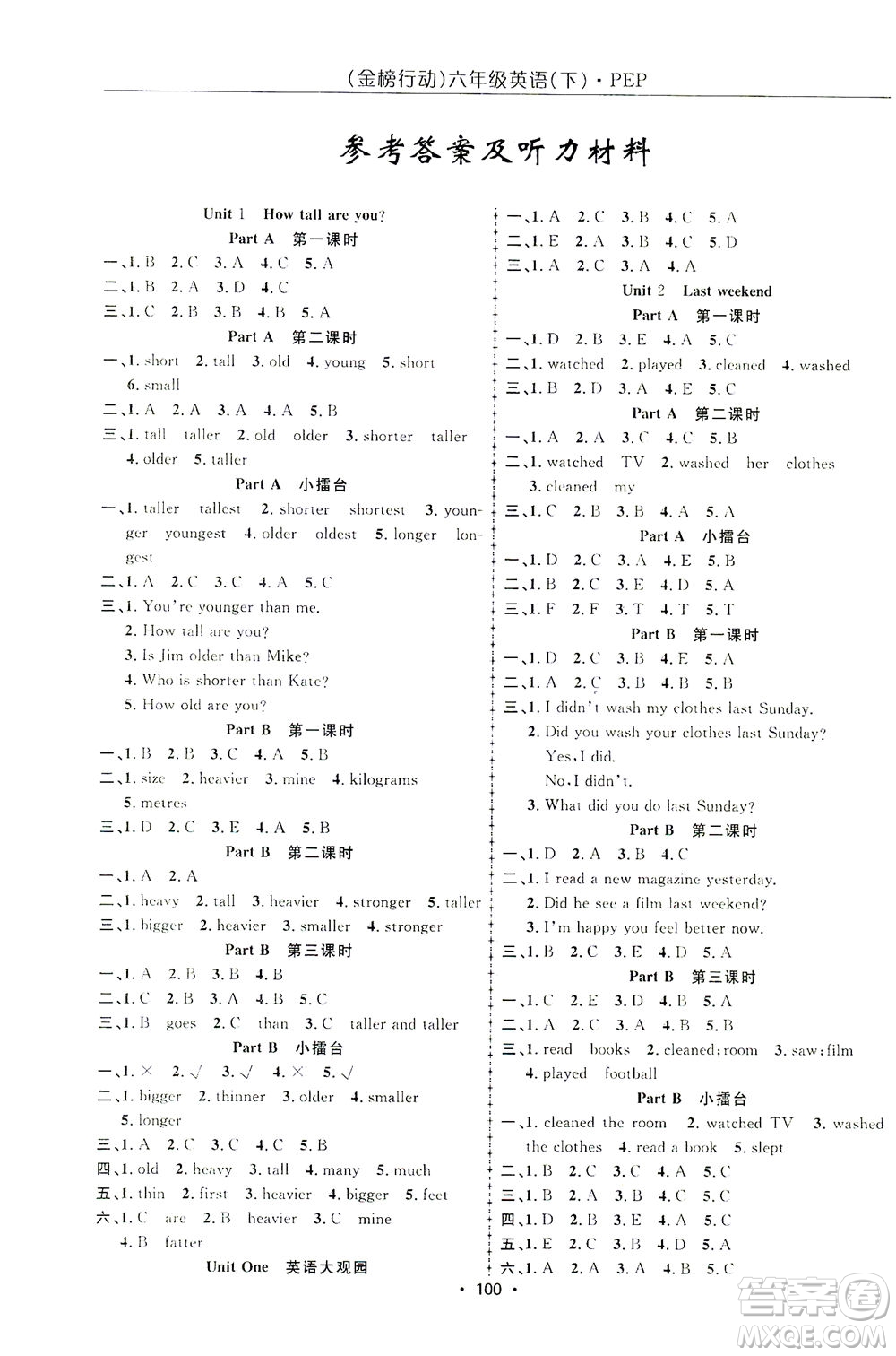 湖北科學(xué)技術(shù)出版社2021金榜行動英語六年級下冊PEP人教版答案