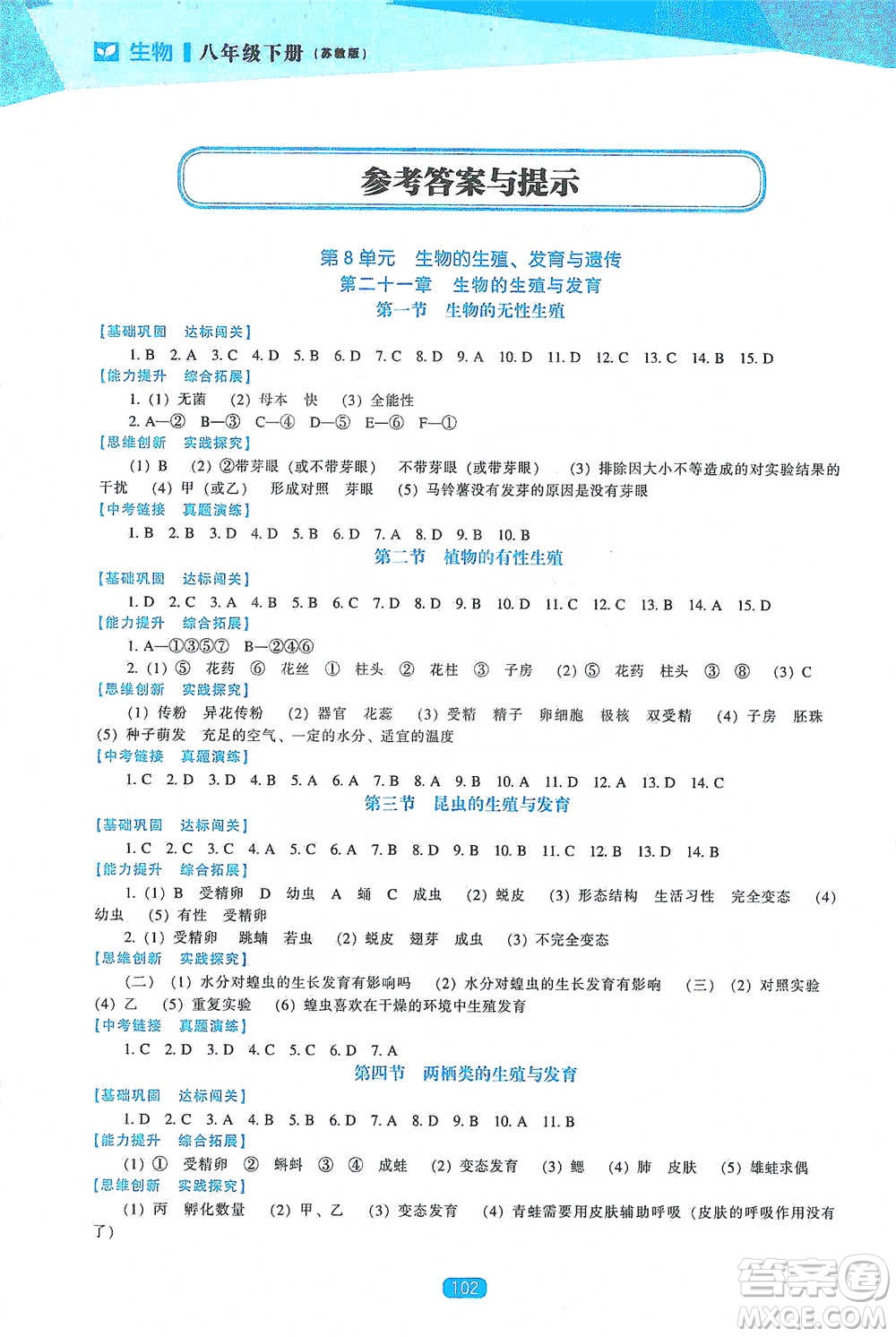 遼海出版社2021新課程生物能力培養(yǎng)八年級下冊蘇教版參考答案