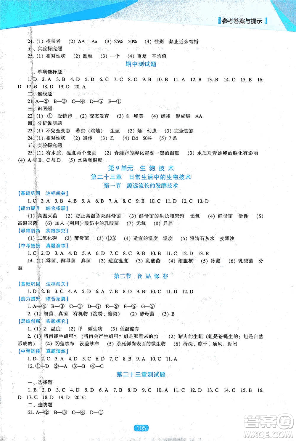 遼海出版社2021新課程生物能力培養(yǎng)八年級下冊蘇教版參考答案