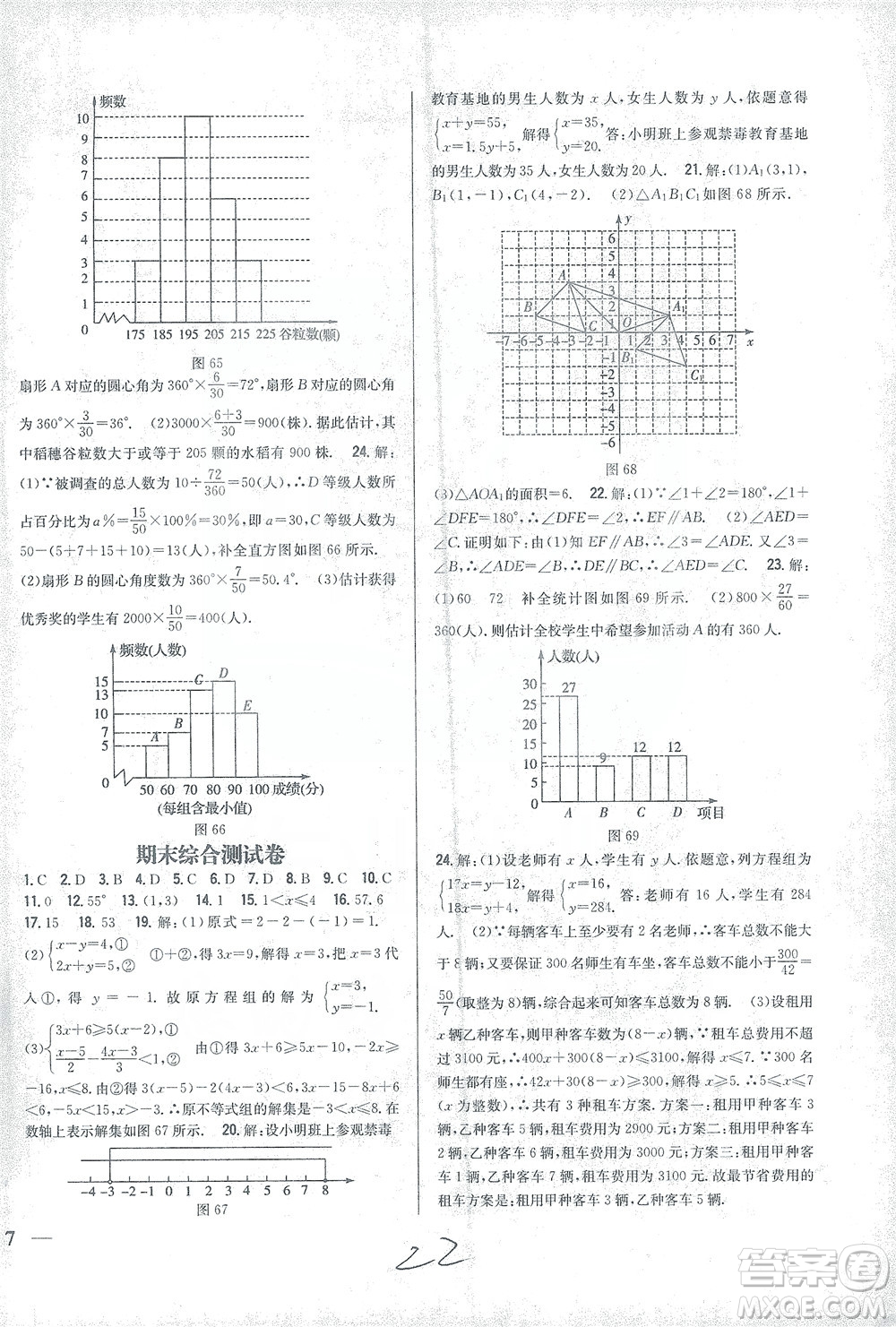 吉林人民出版社2021全科王同步課時練習(xí)試卷七年級數(shù)學(xué)下冊新課標(biāo)人教版答案