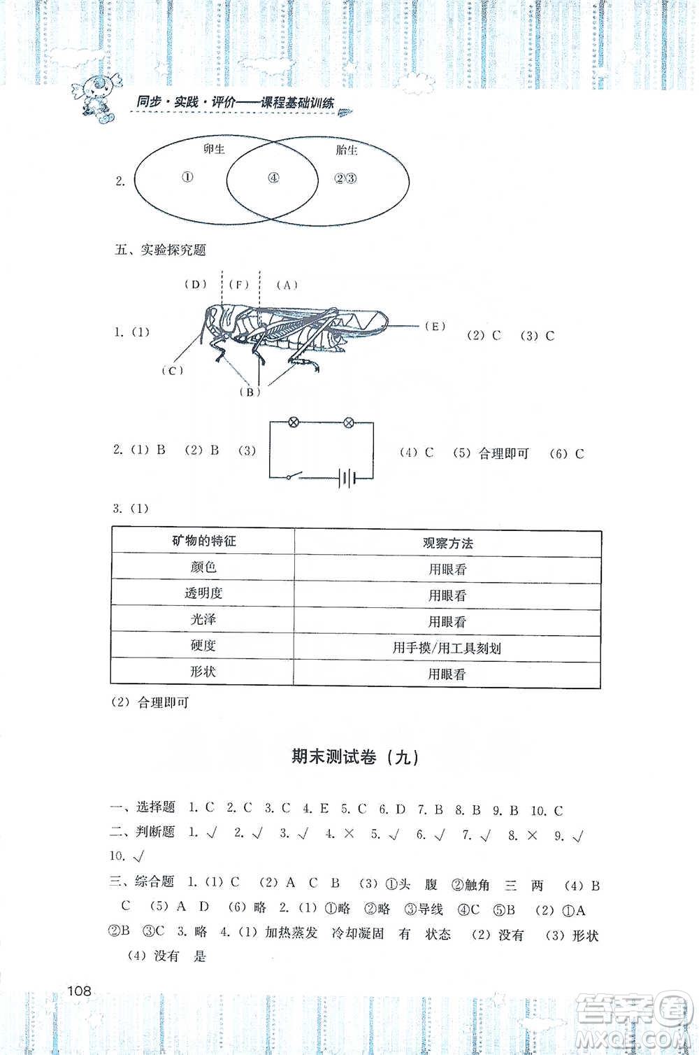 湖南少年兒童出版社2021基礎訓練科學四年級下冊湘科版參考答案