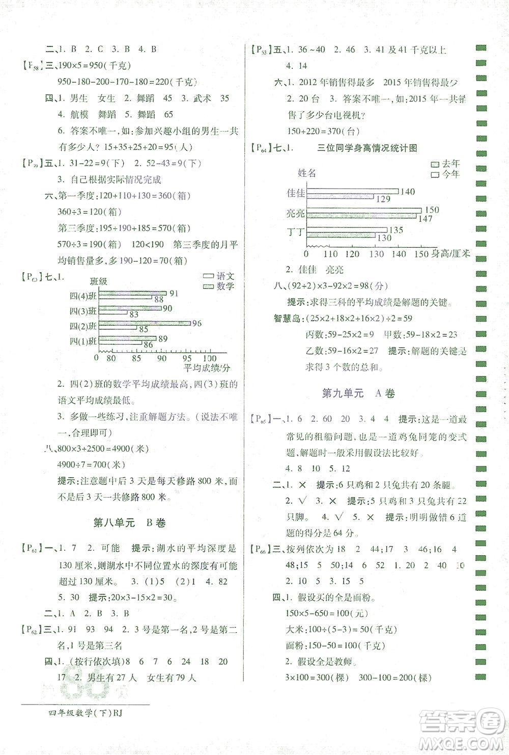 開明出版社2021最新AB卷小學四年級數學下RJ人教版答案