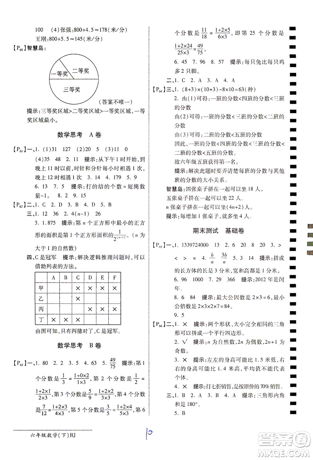 開明出版社2021最新AB卷小學六年級數(shù)學下RJ人教版答案