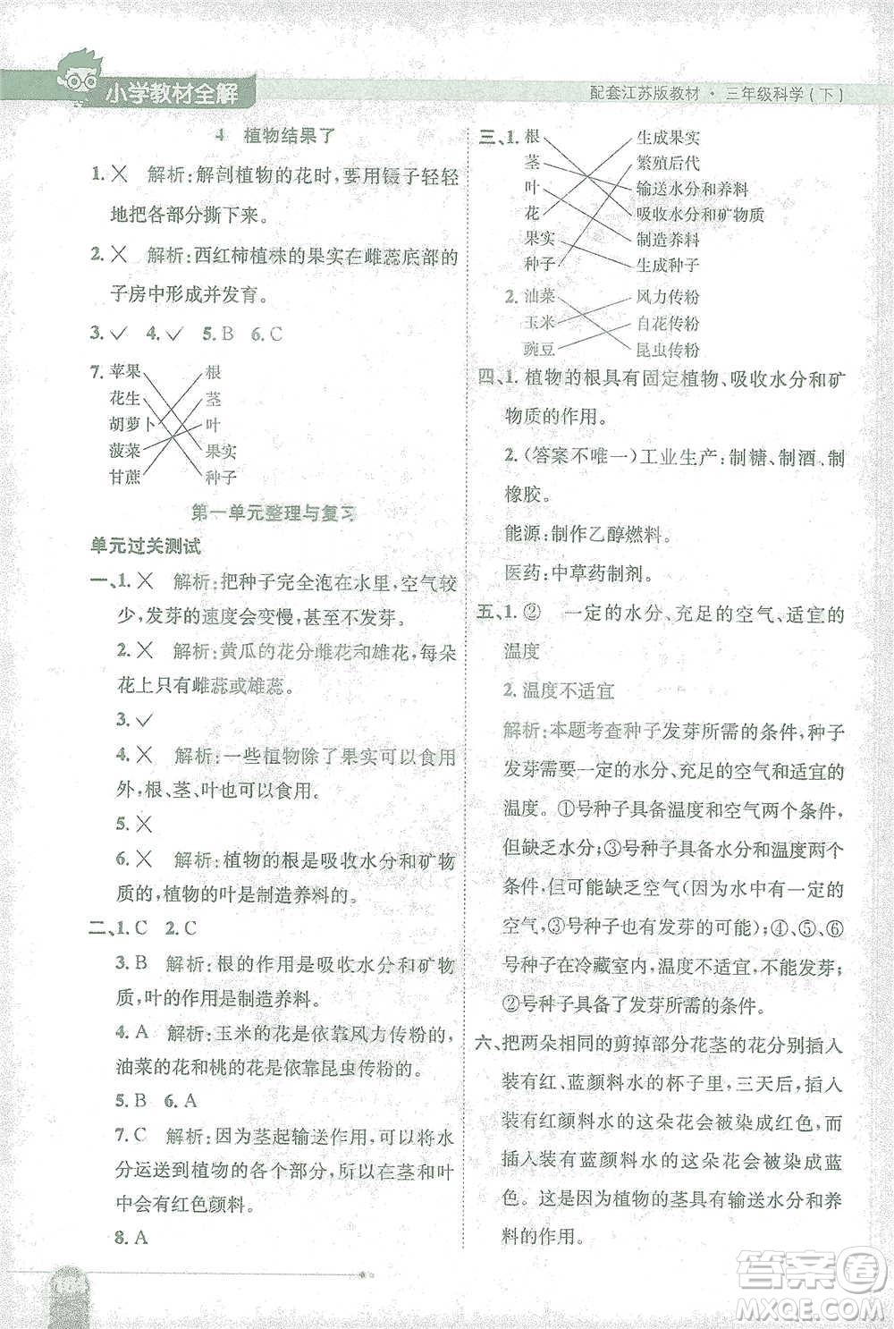 陜西人民教育出版社2021小學(xué)教材全解三年級下冊科學(xué)江蘇版參考答案