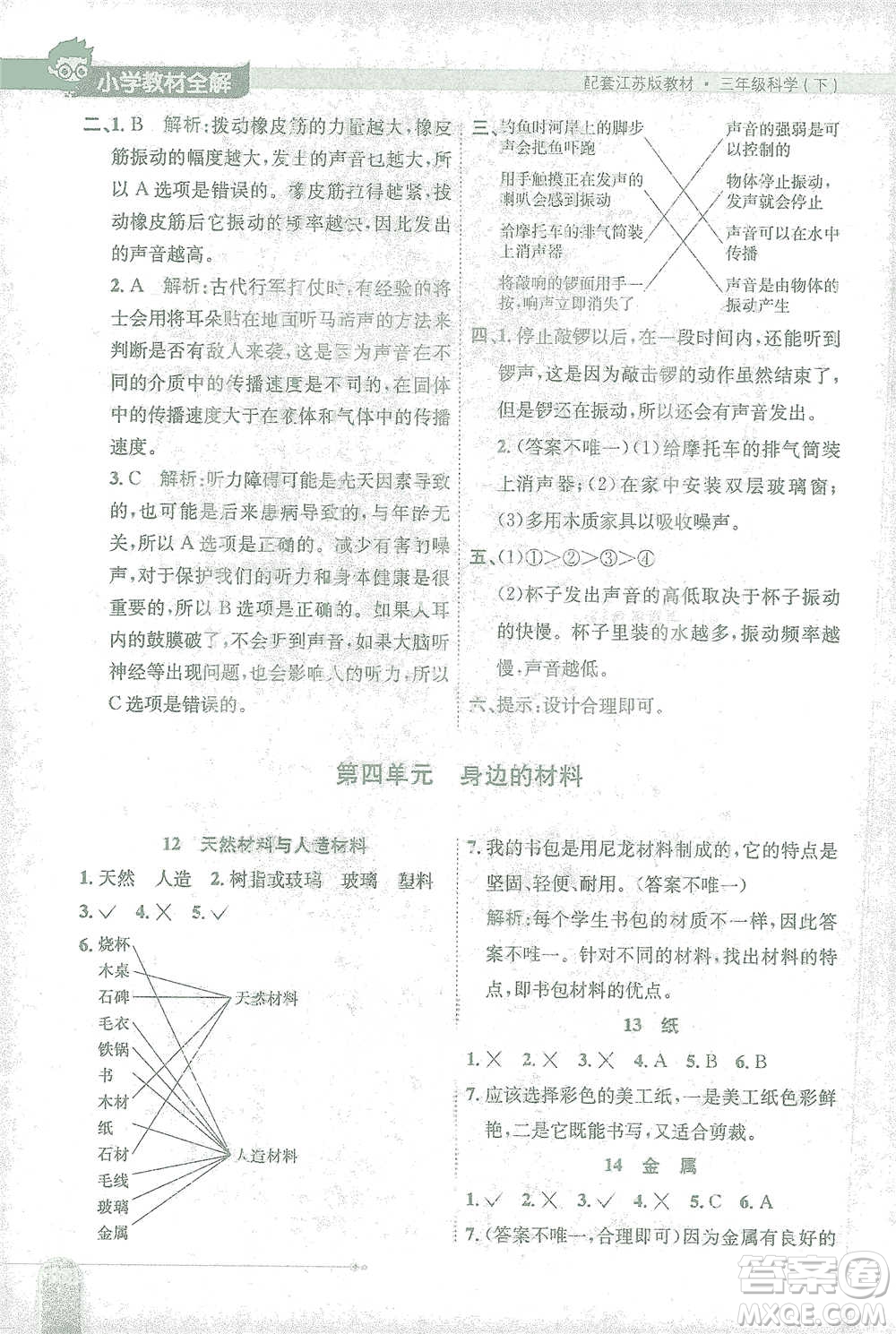 陜西人民教育出版社2021小學(xué)教材全解三年級下冊科學(xué)江蘇版參考答案