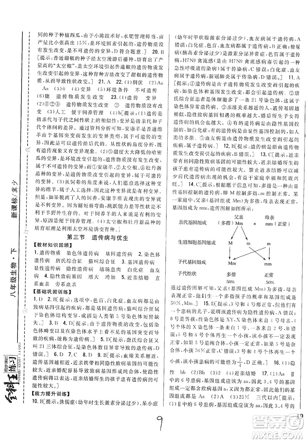 吉林人民出版社2021全科王同步課時(shí)練習(xí)生物八年級(jí)下冊(cè)新課標(biāo)翼少版答案