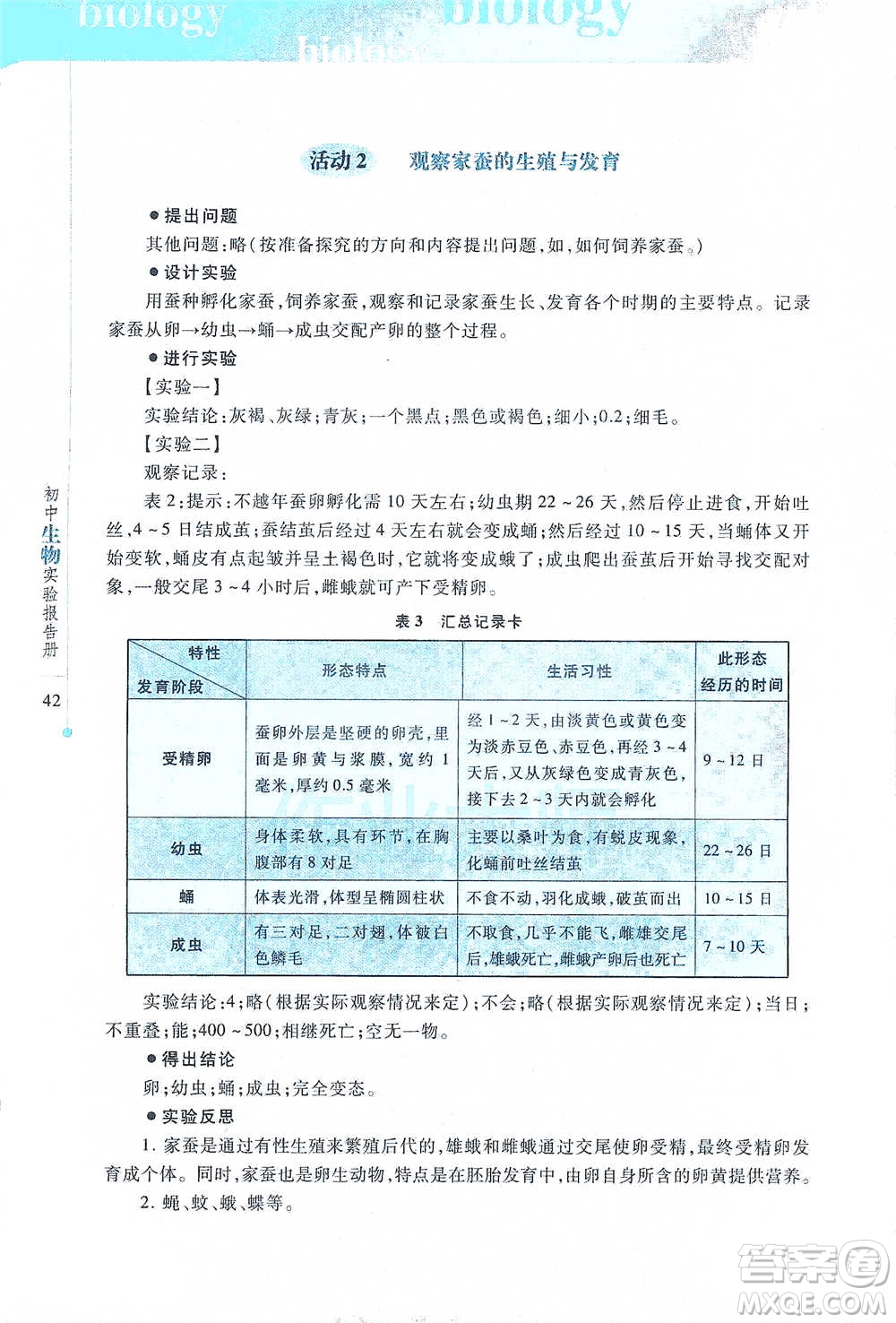 上?？萍冀逃霭嫔?021初中生物實(shí)驗(yàn)報(bào)告冊(cè)八年級(jí)下冊(cè)參考答案