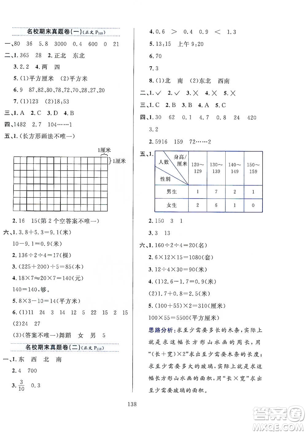 陜西人民教育出版社2021小學(xué)教材全練三年級下冊數(shù)學(xué)人教版參考答案