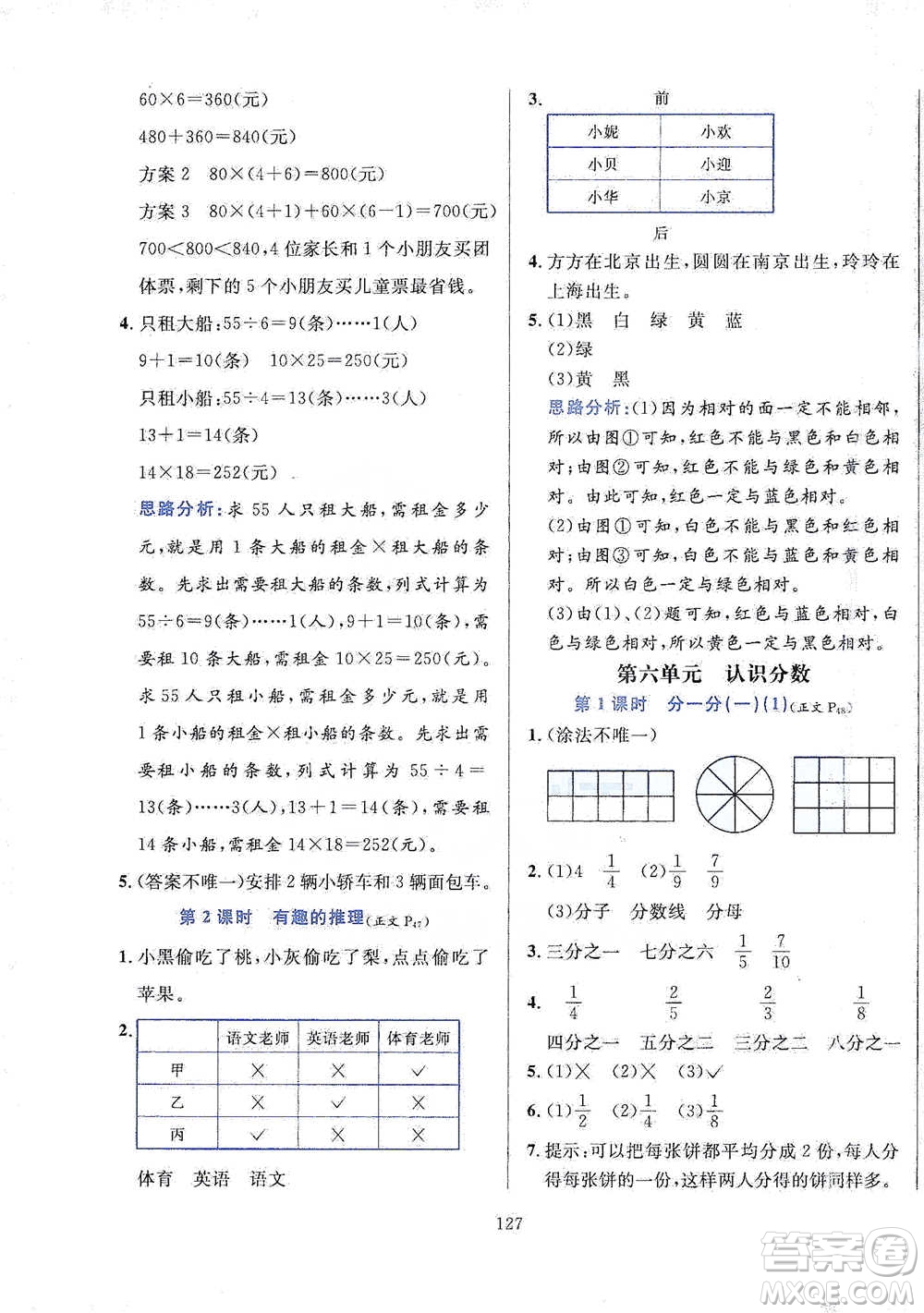 陜西人民教育出版社2021小學(xué)教材全練三年級(jí)下冊(cè)數(shù)學(xué)北京師大版參考答案