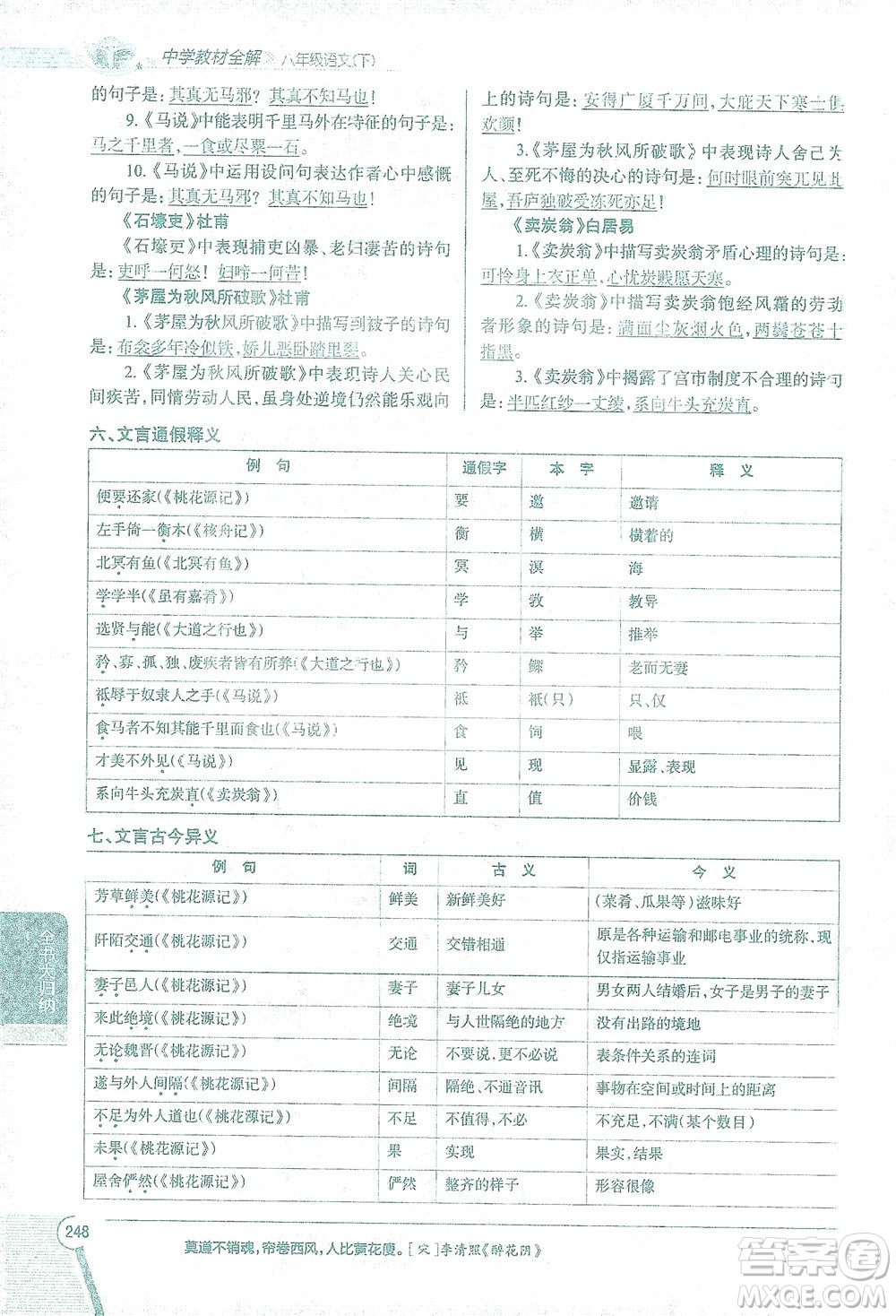 陜西人民教育出版社2021中學(xué)教材全解八年級語文下冊人教版參考答案