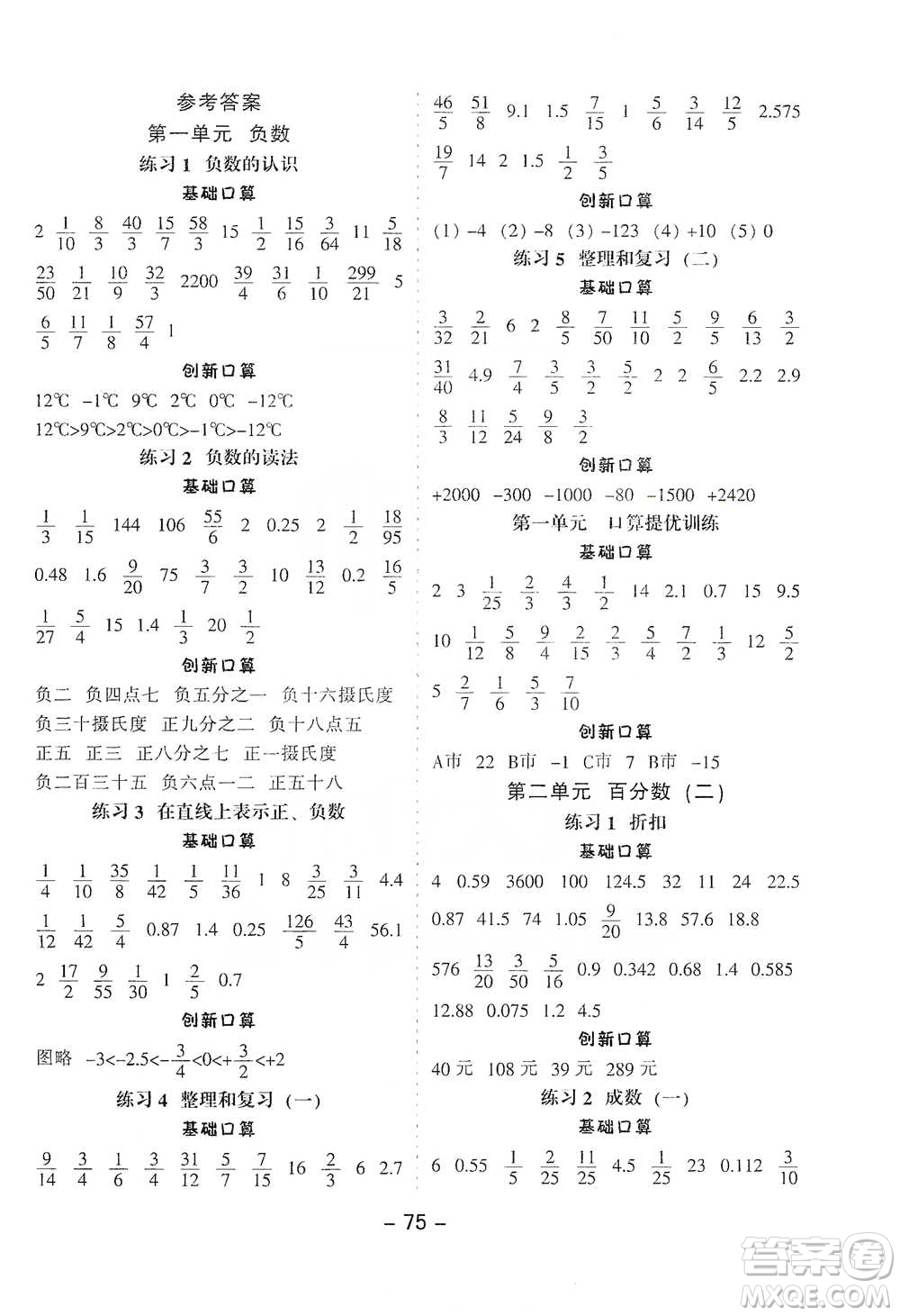 河北少年兒童出版社2021小學(xué)口算提優(yōu)訓(xùn)練數(shù)學(xué)六年級下冊人教版參考答案