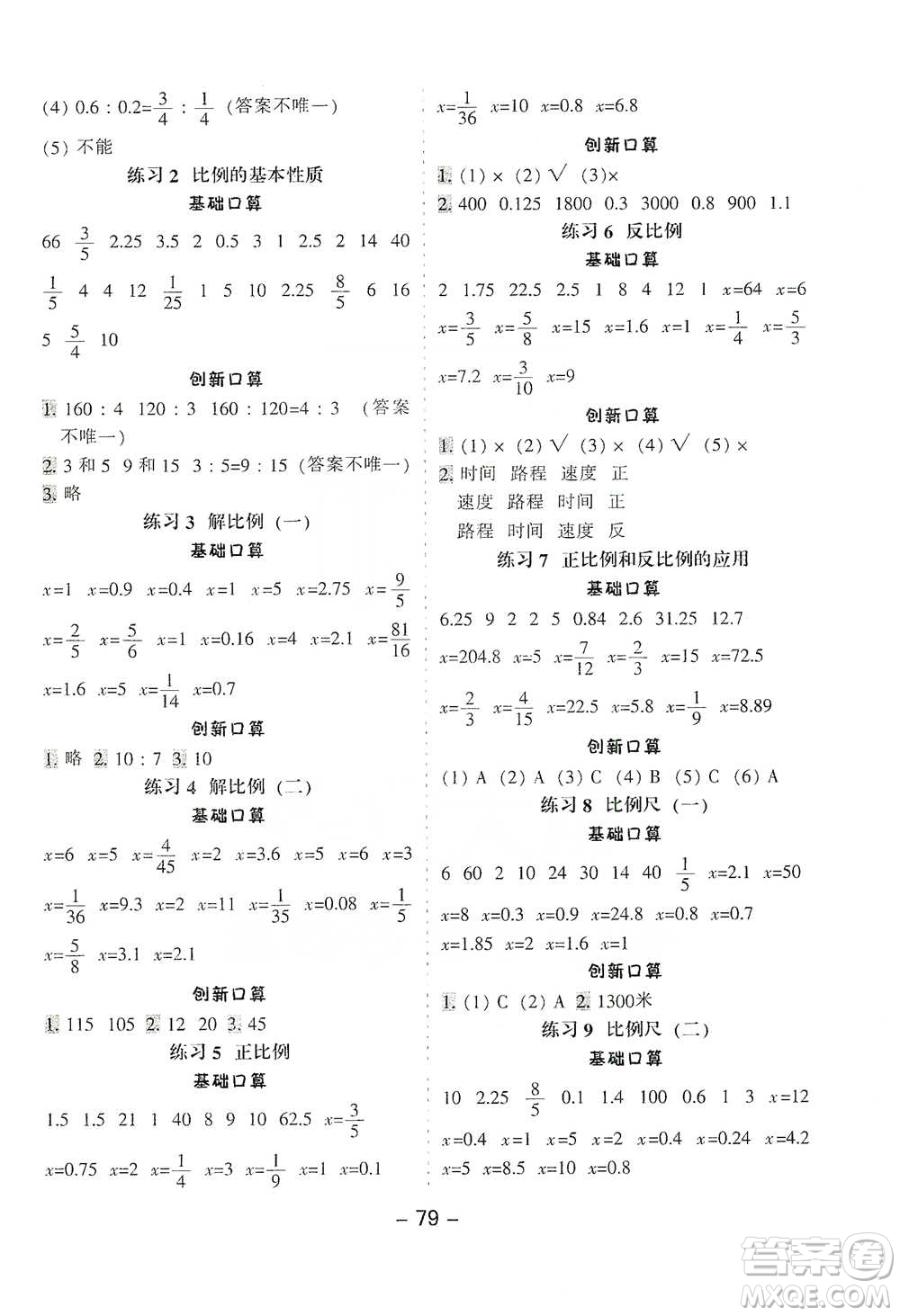 河北少年兒童出版社2021小學(xué)口算提優(yōu)訓(xùn)練數(shù)學(xué)六年級下冊人教版參考答案