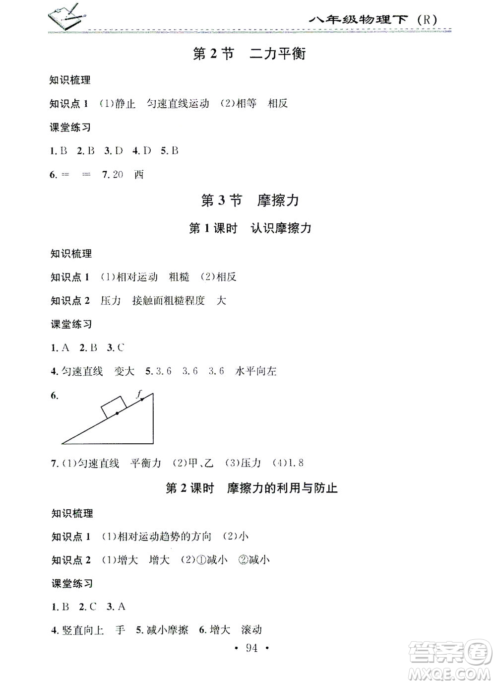 廣東經(jīng)濟(jì)出版社2021名校課堂小練習(xí)物理八年級下冊R人教版答案