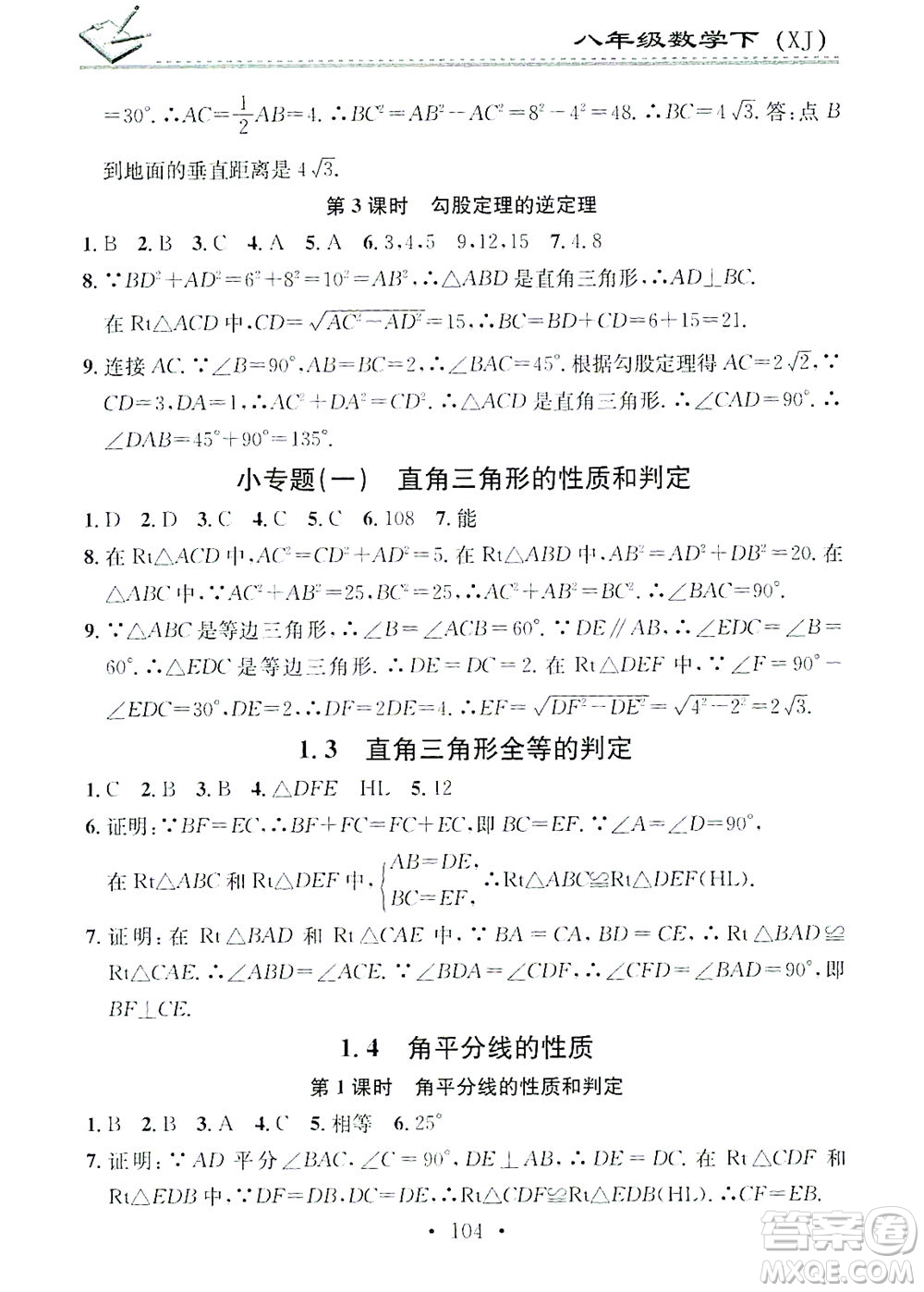 廣東經(jīng)濟(jì)出版社2021名校課堂小練習(xí)數(shù)學(xué)八年級(jí)下冊(cè)XJ湘教版答案