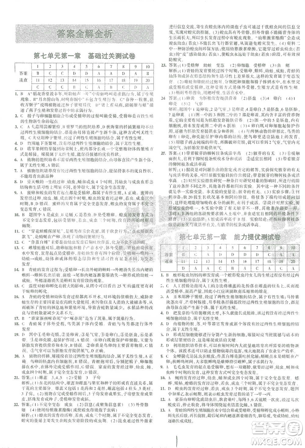 教育科學(xué)出版社2021年5年中考3年模擬初中試卷生物八年級下冊人教版參考答案