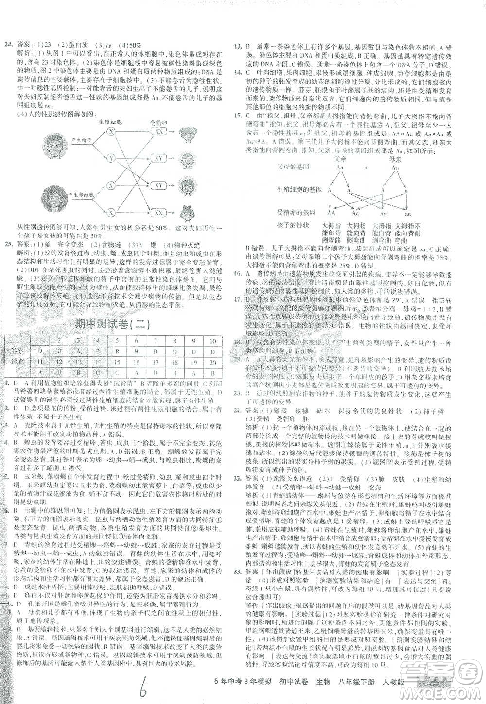 教育科學(xué)出版社2021年5年中考3年模擬初中試卷生物八年級下冊人教版參考答案