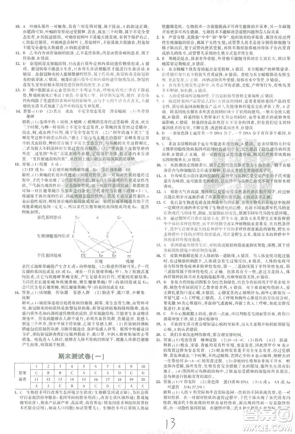 教育科學(xué)出版社2021年5年中考3年模擬初中試卷生物八年級下冊人教版參考答案