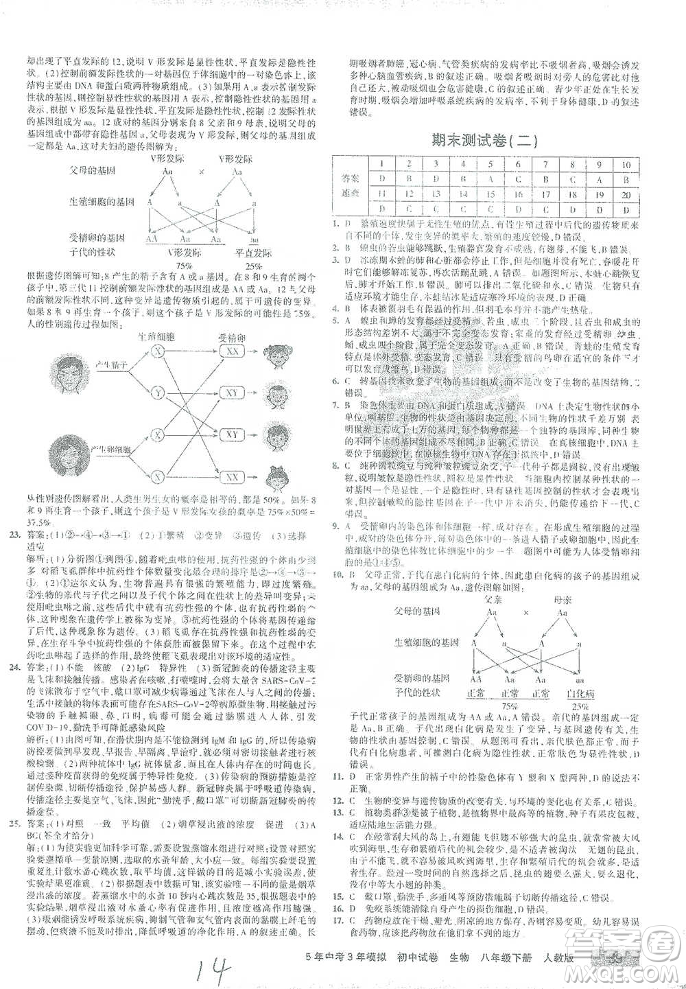 教育科學(xué)出版社2021年5年中考3年模擬初中試卷生物八年級下冊人教版參考答案