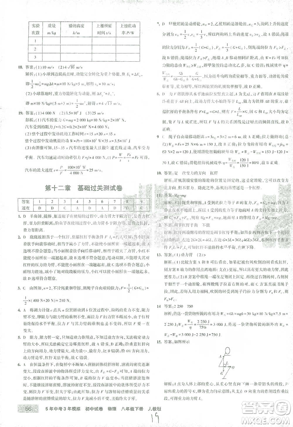 首都師范大學(xué)出版社2021年5年中考3年模擬初中試卷物理八年級(jí)下冊(cè)人教版參考答案