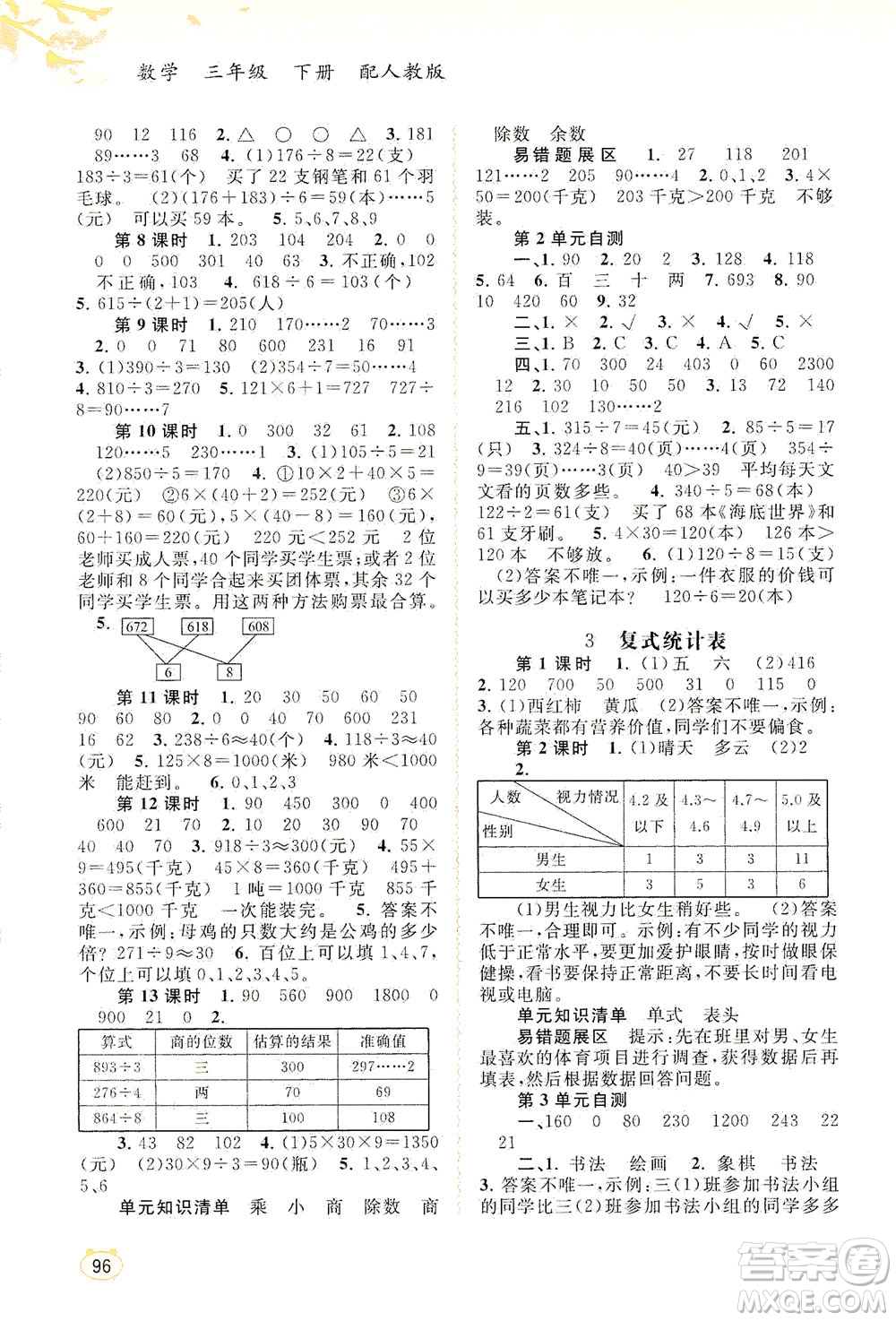 廣西教育出版社2021新課程學(xué)習(xí)與測評同步學(xué)習(xí)數(shù)學(xué)三年級下冊人教版答案