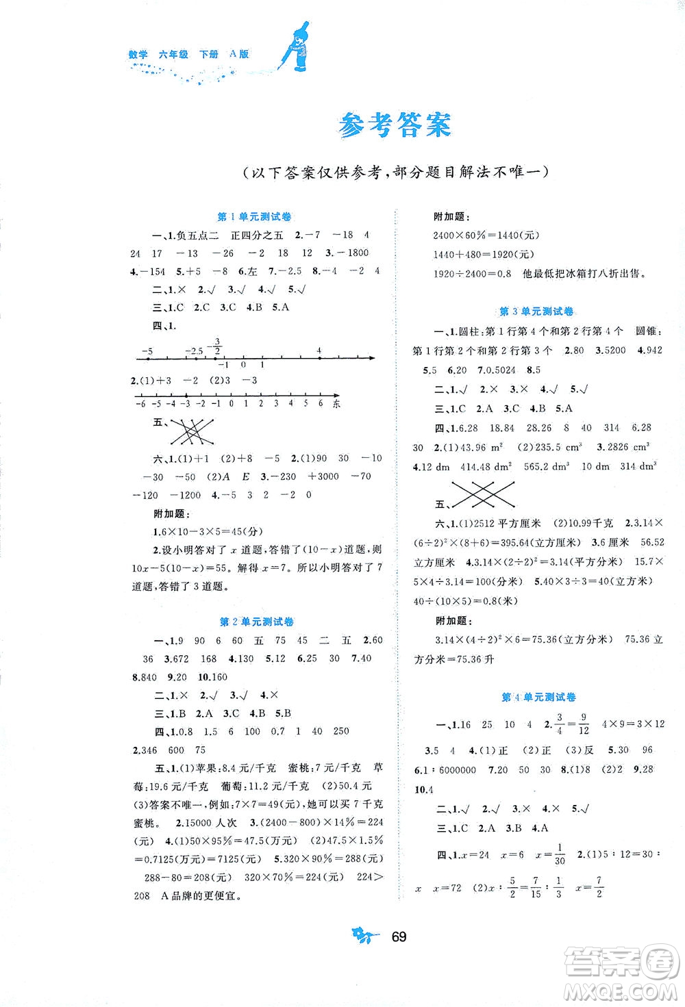 廣西教育出版社2021新課程學(xué)習(xí)與測(cè)評(píng)單元雙測(cè)數(shù)學(xué)六年級(jí)下冊(cè)A版人教版答案