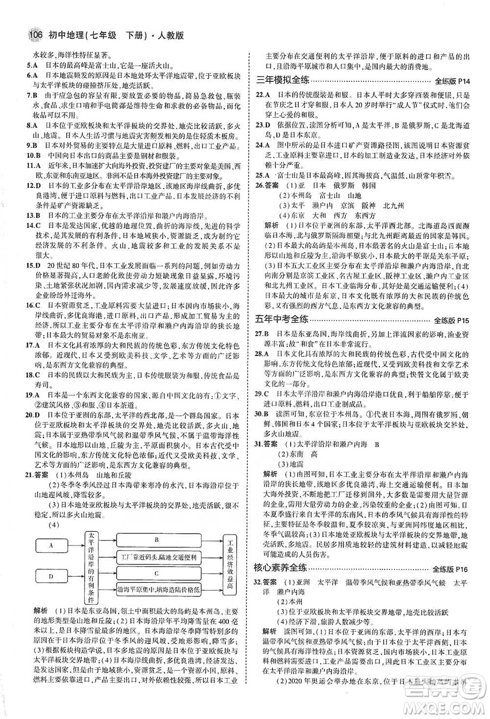 教育科學出版社2021年5年中考3年模擬初中地理七年級下冊人教版參考答案