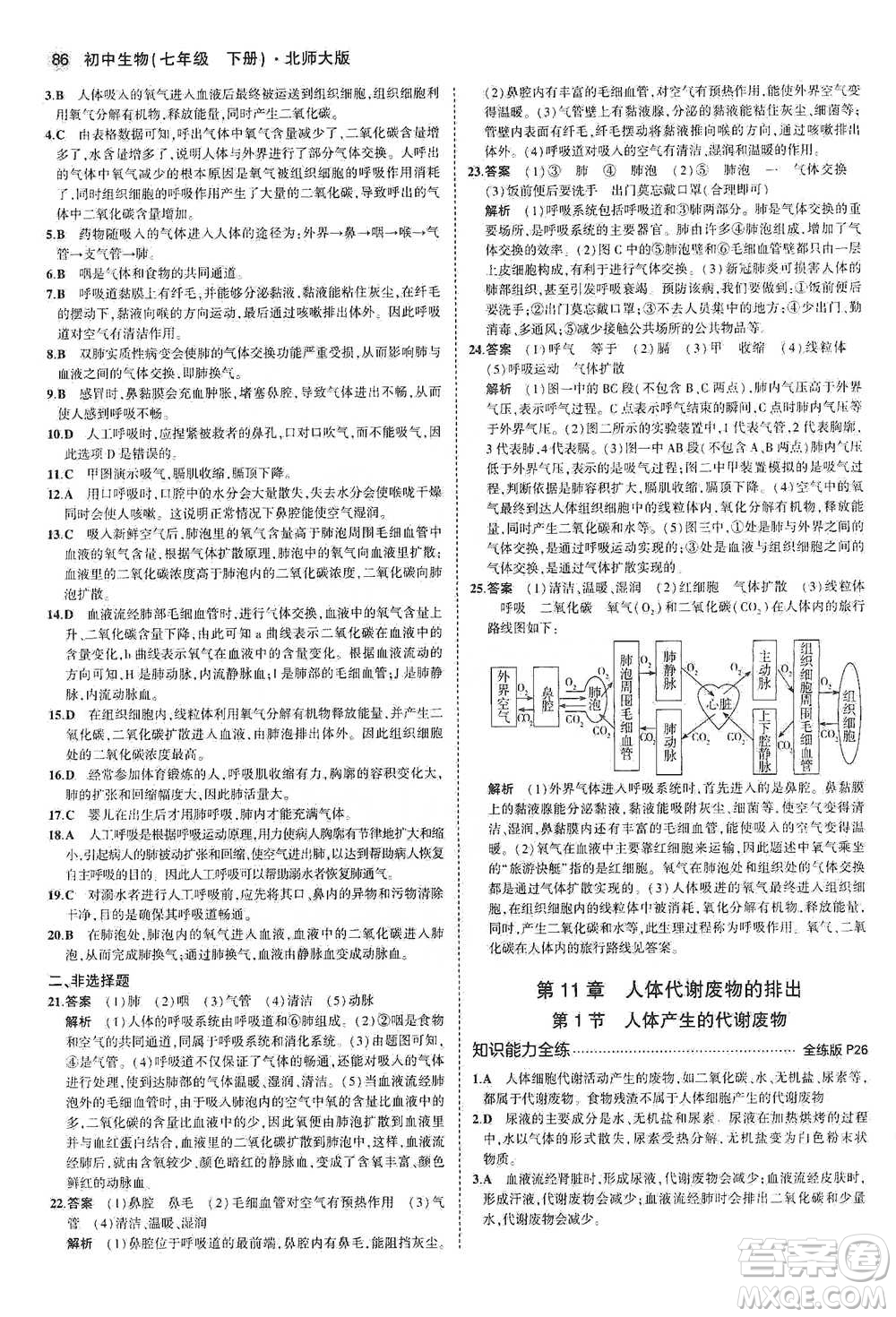 教育科學出版社2021年5年中考3年模擬初中生物七年級下冊北師大版參考答案