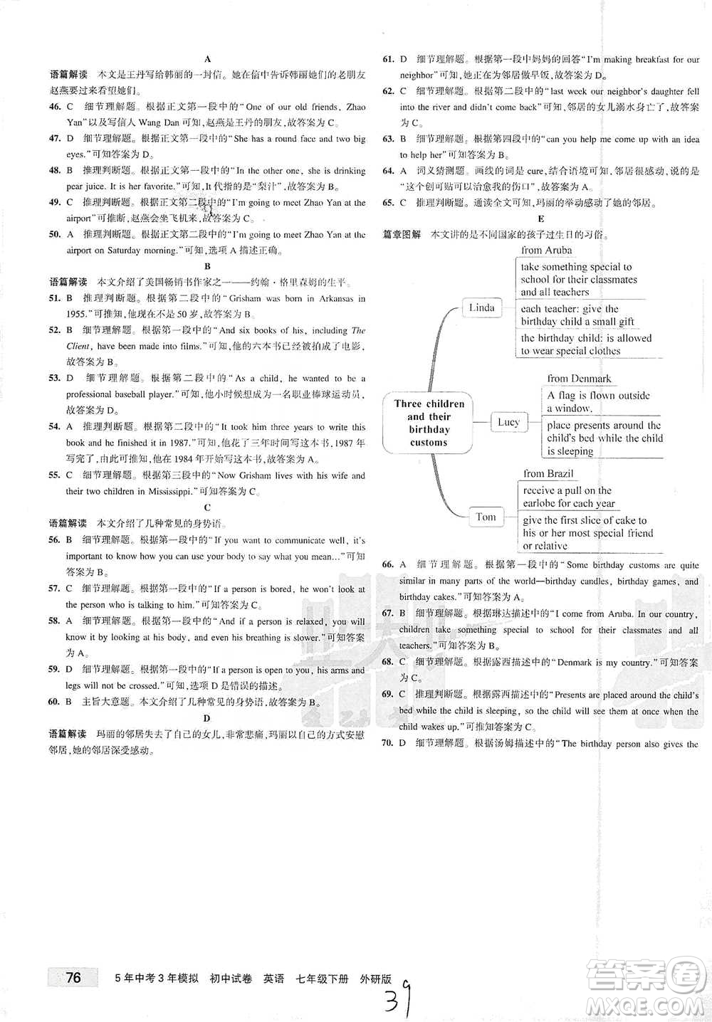 首都師范大學(xué)出版社2021年5年中考3年模擬初中試卷英語(yǔ)七年級(jí)下冊(cè)外研版參考答案