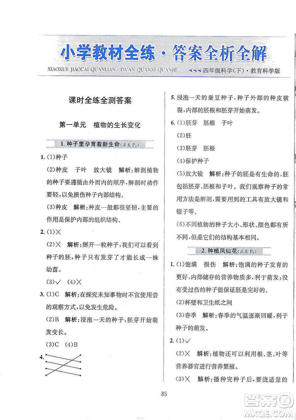 陜西人民教育出版社2021小學(xué)教材全練四年級下冊科學(xué)教育科學(xué)版參考答案