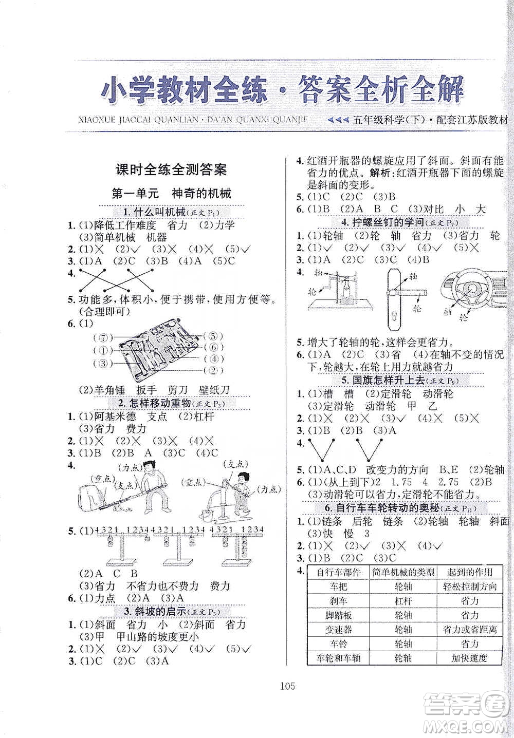 陜西人民教育出版社2021小學(xué)教材全練科學(xué)五年級下冊蘇教版參考答案