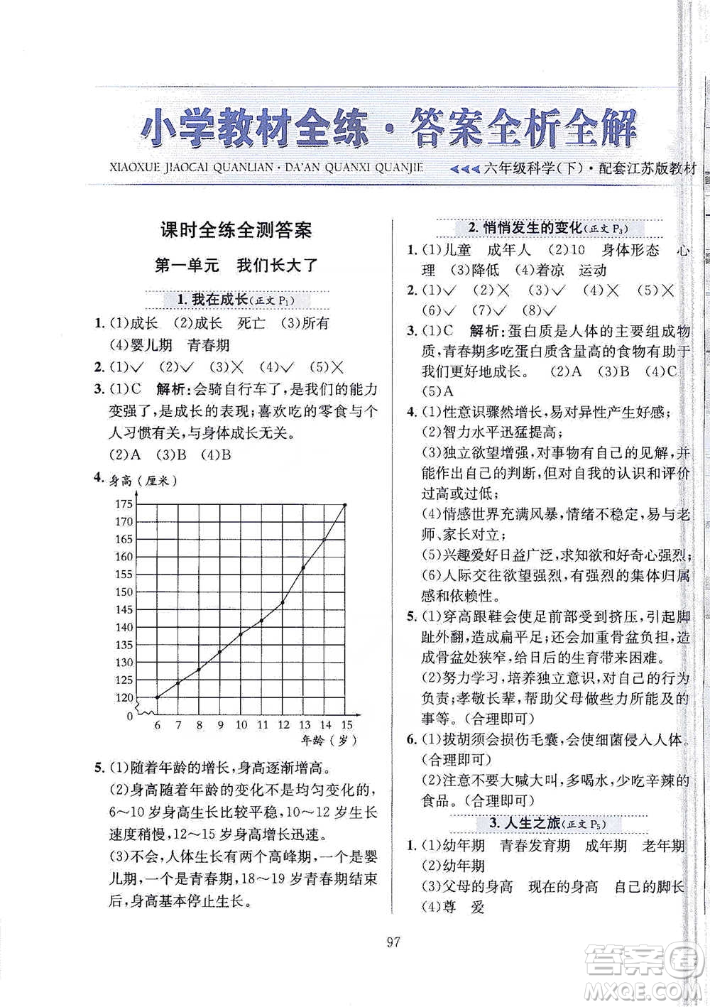 陜西人民教育出版社2021小學(xué)教材全練六年級(jí)下冊(cè)科學(xué)蘇教版參考答案