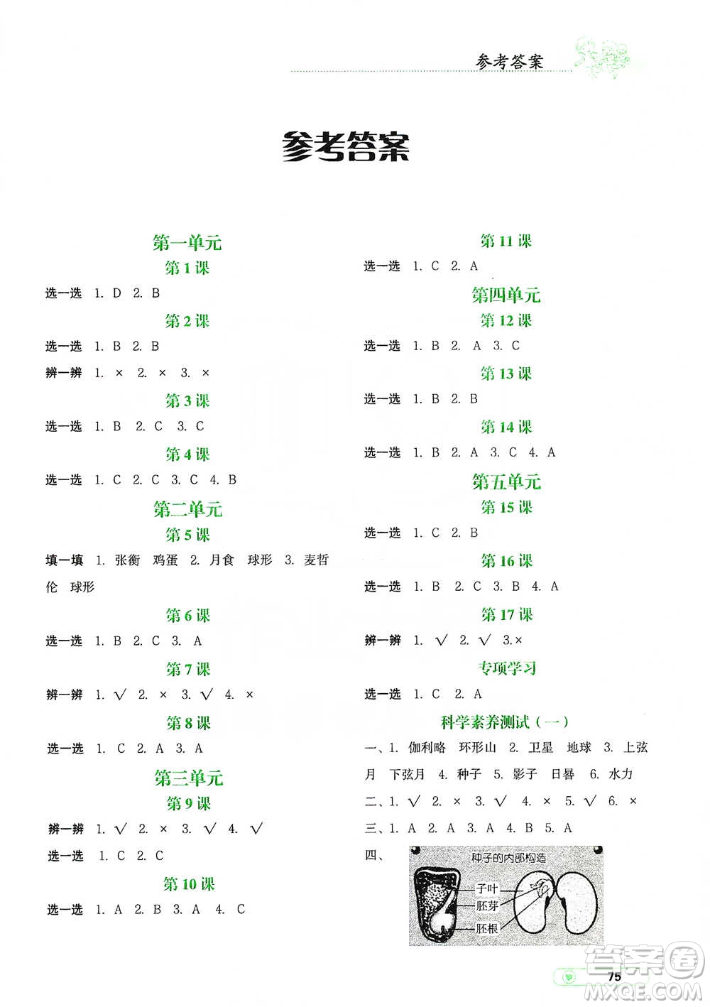 遼寧教育出版社2021小學科學實驗冊四年級下冊參考答案