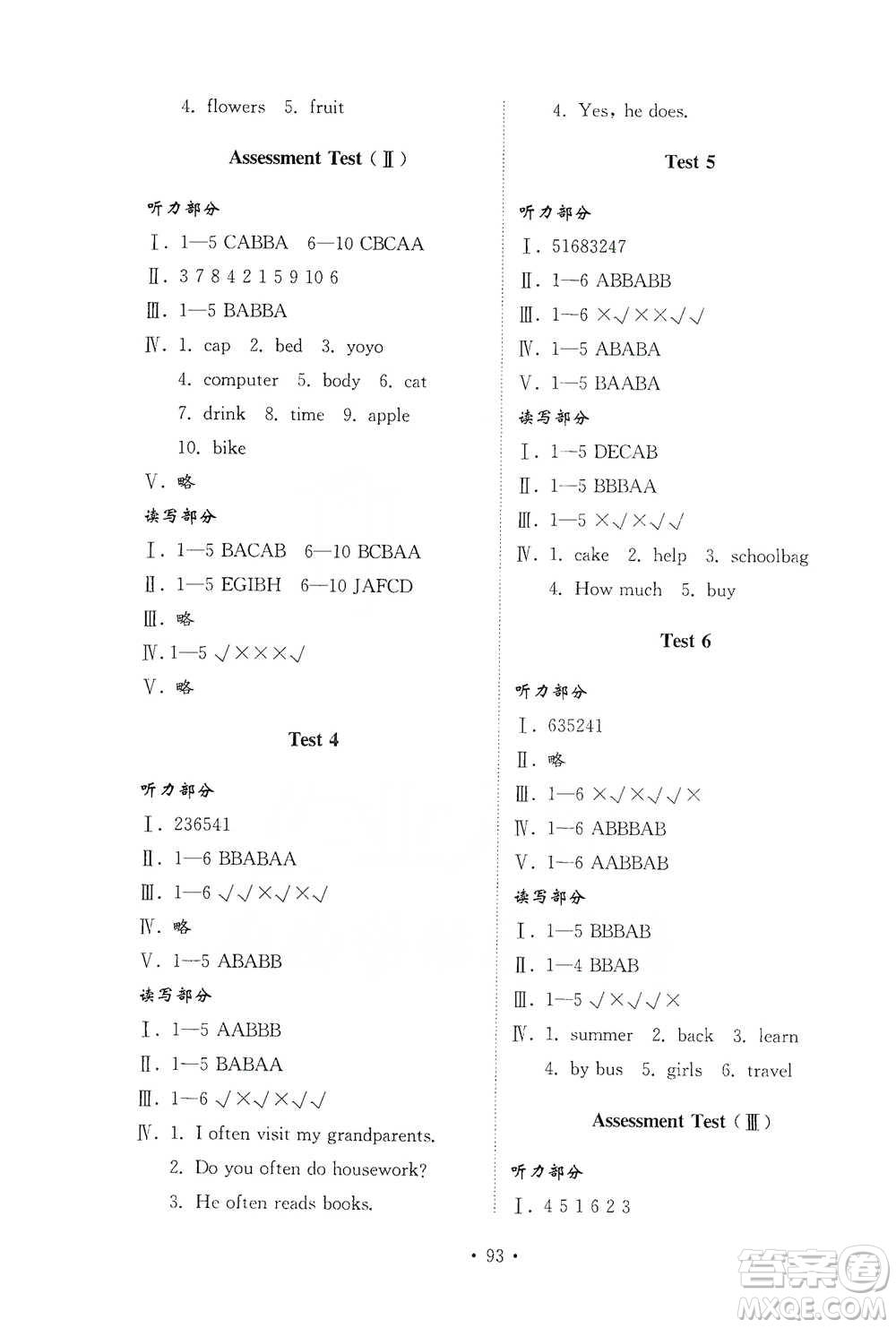 山東教育出版社2021小學(xué)同步練習冊配套檢測卷英語四年級下冊外研版參考答案